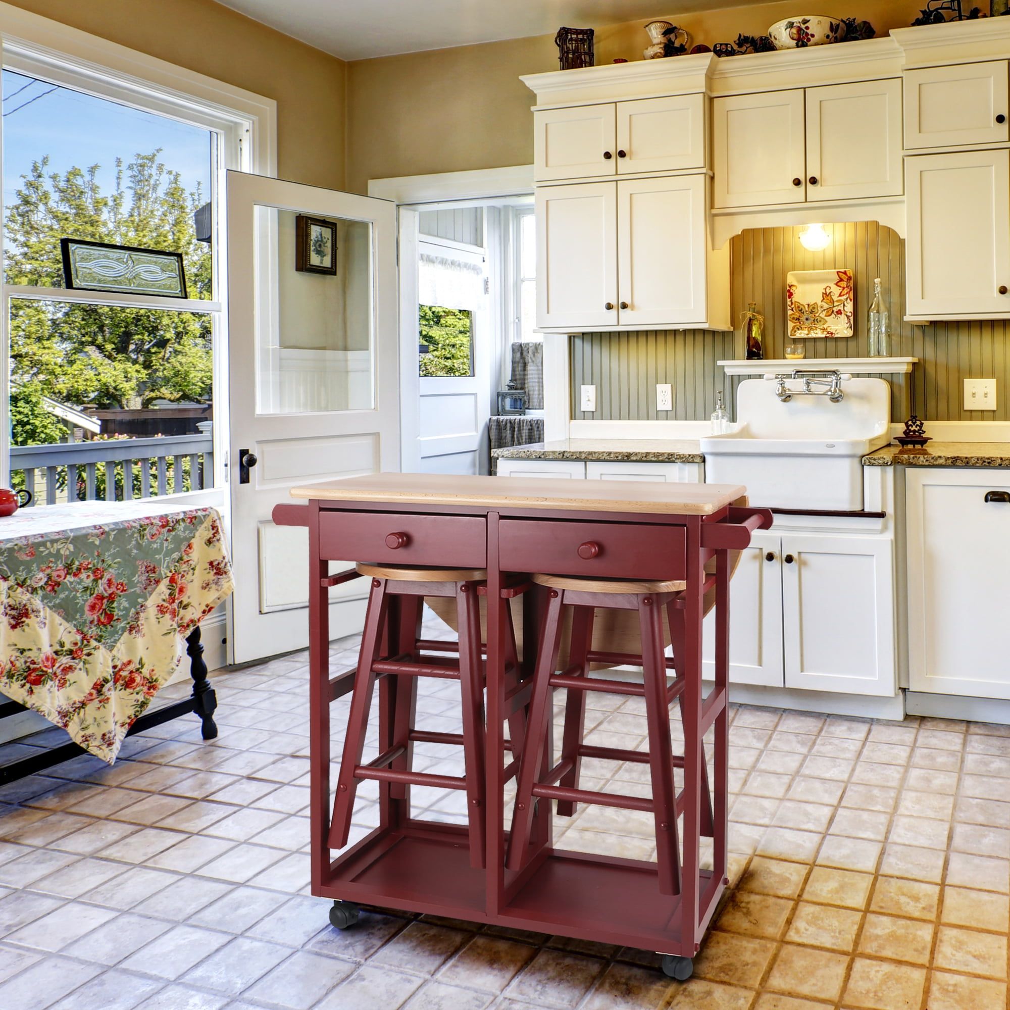 Round Red Butcher Block Kitchen Cart with Drop-Leaf and Storage