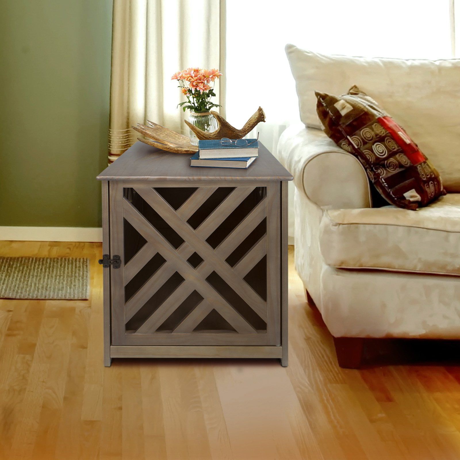 Taupe Gray Solid Wood Lattice Pet Crate End Table