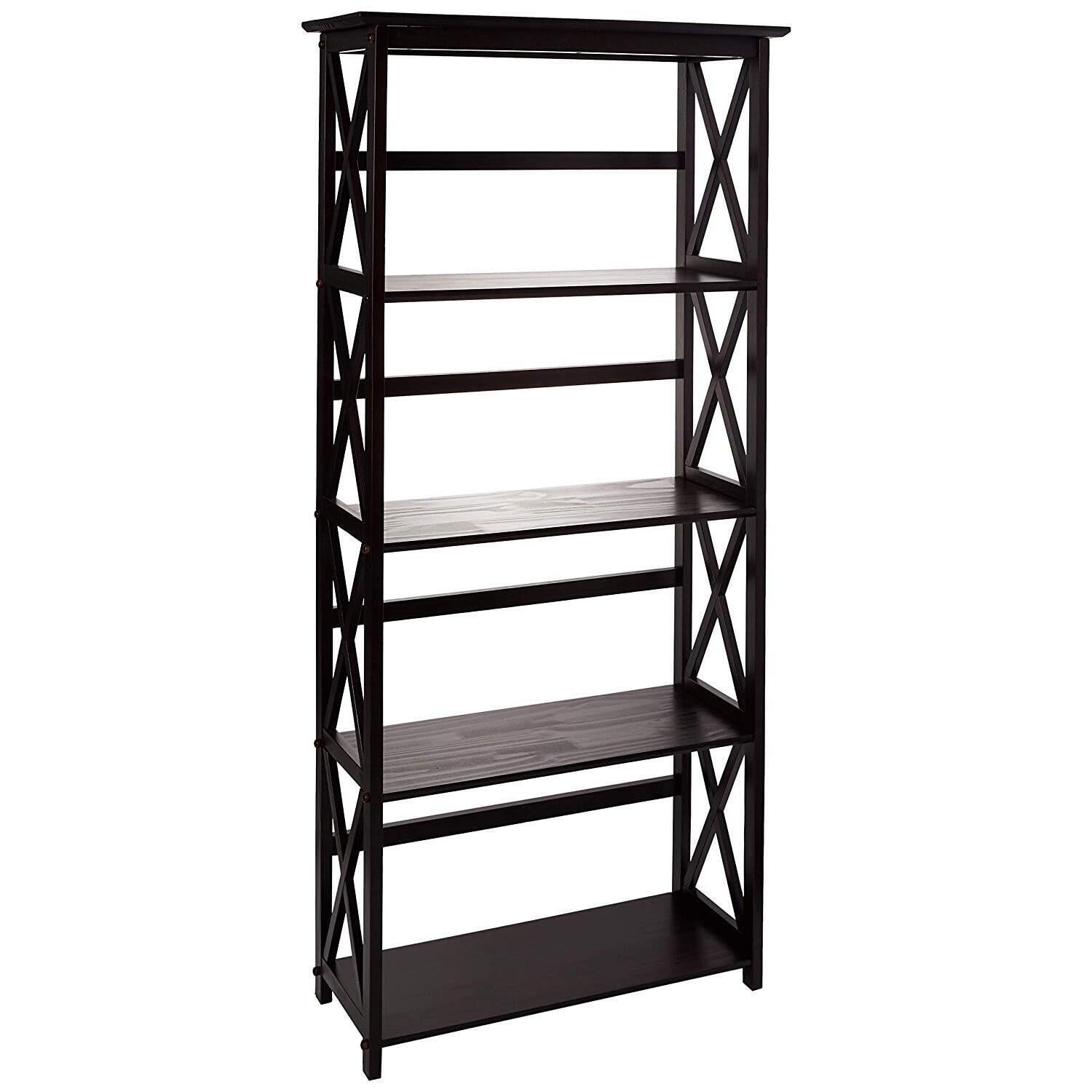 Espresso Solid Wood Adjustable 5-Shelf Bookcase with X-Design