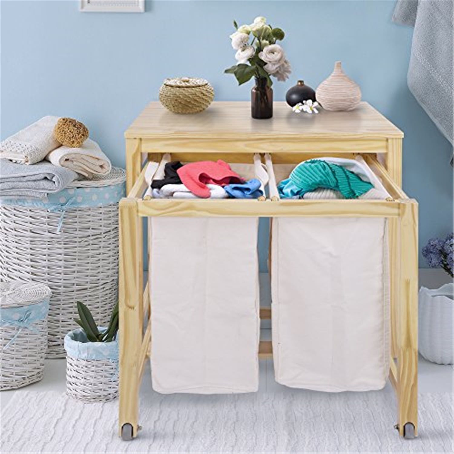 Natural Solid Wood Collapsible Laundry Hamper with Wheels