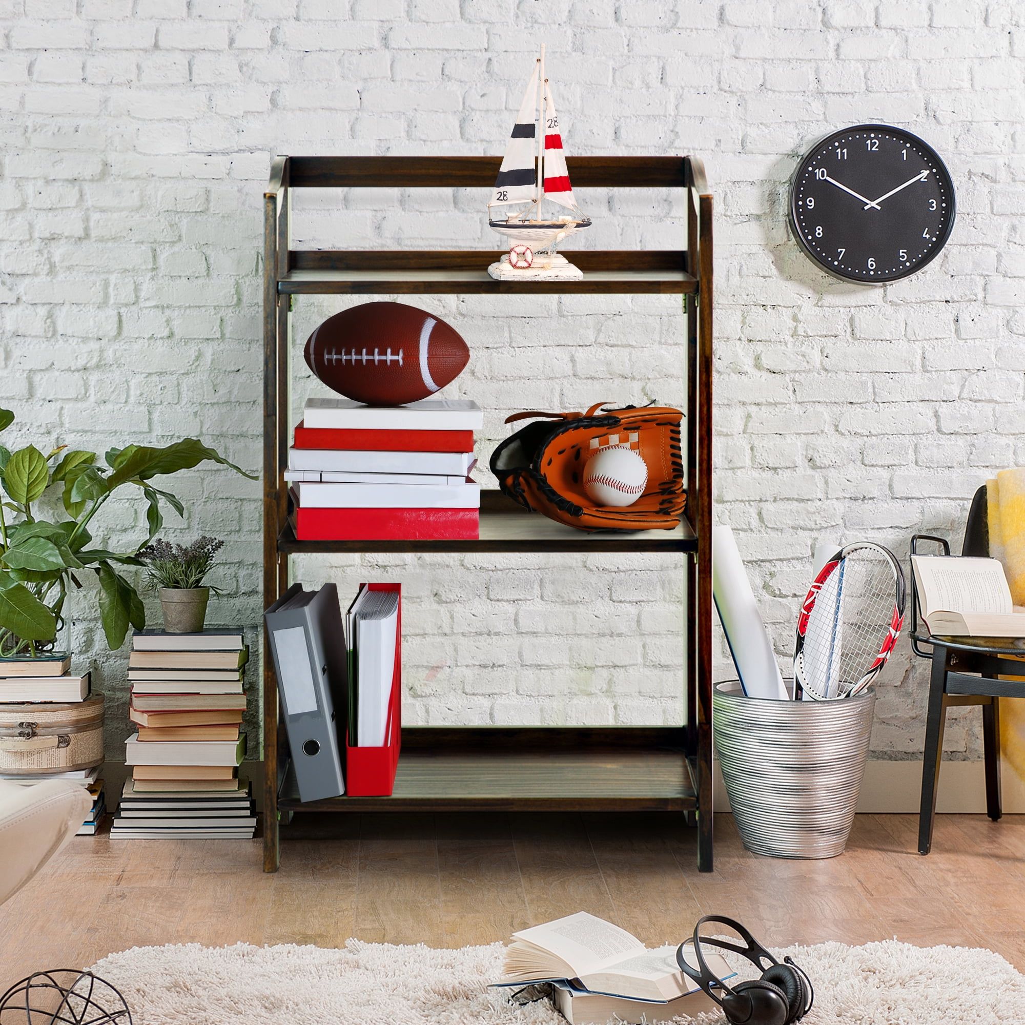 Warm Brown Solid Wood 36" Folding Bookcase with Doors