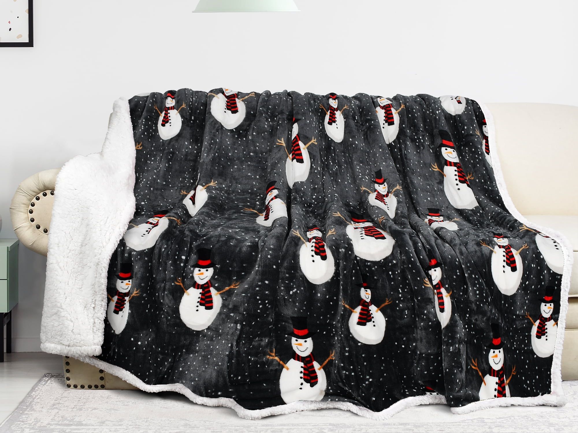 Snowman Print Reversible Sherpa Fleece Blanket, 60x80 Inch