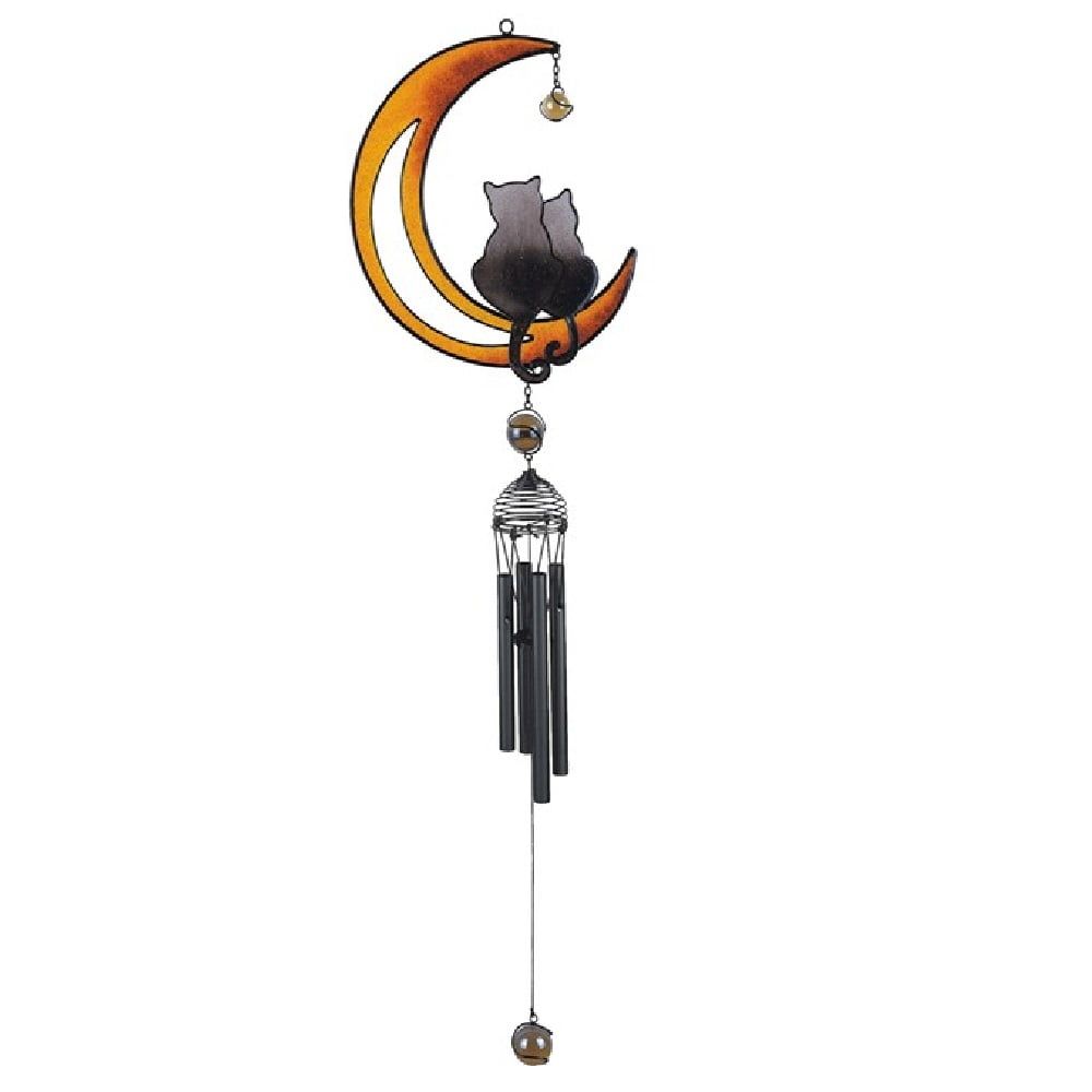 Black and Gold Cats on Moon Wind Chime with Gems