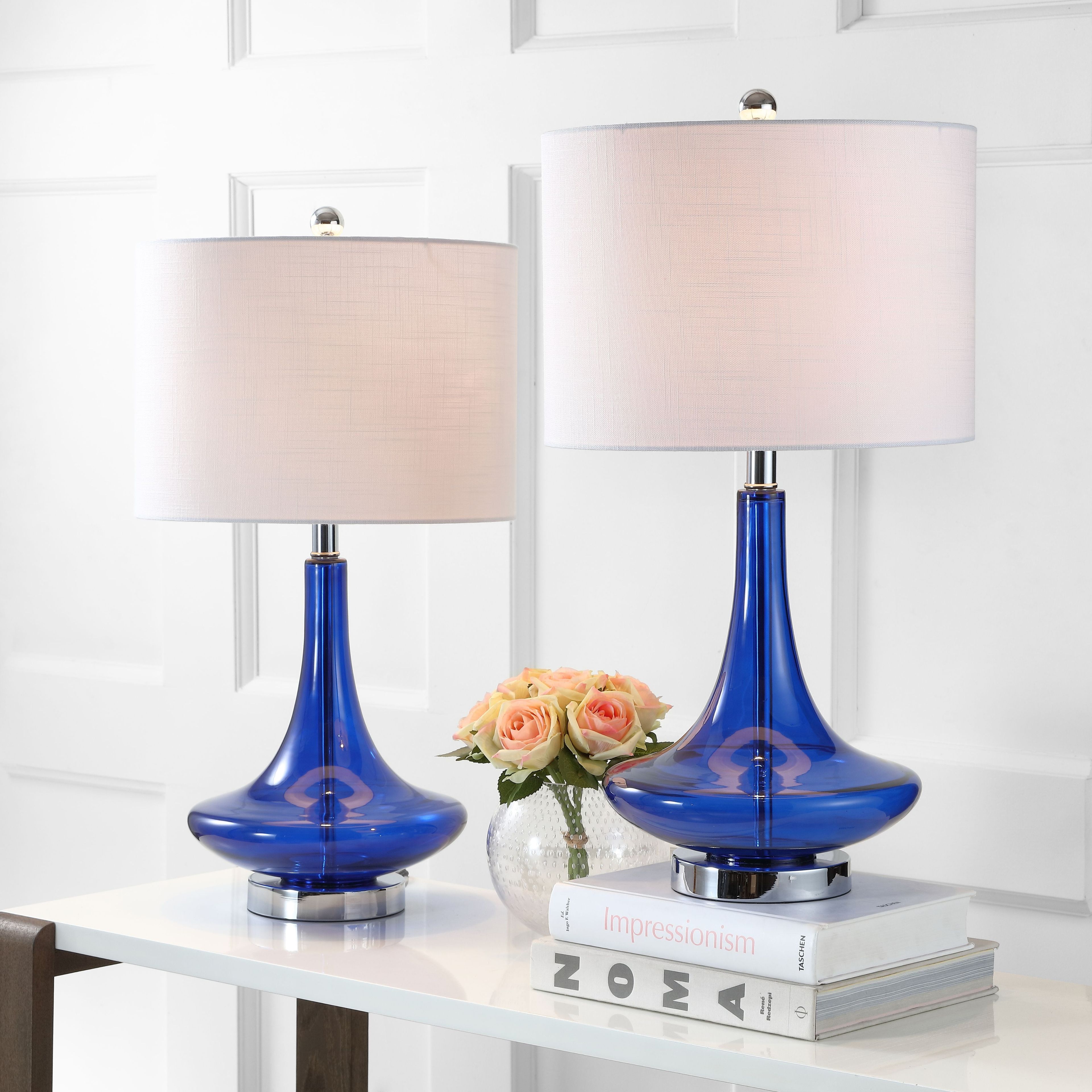 Cecile Cobalt Blue Glass Teardrop Table Lamp Set with Linen Shade