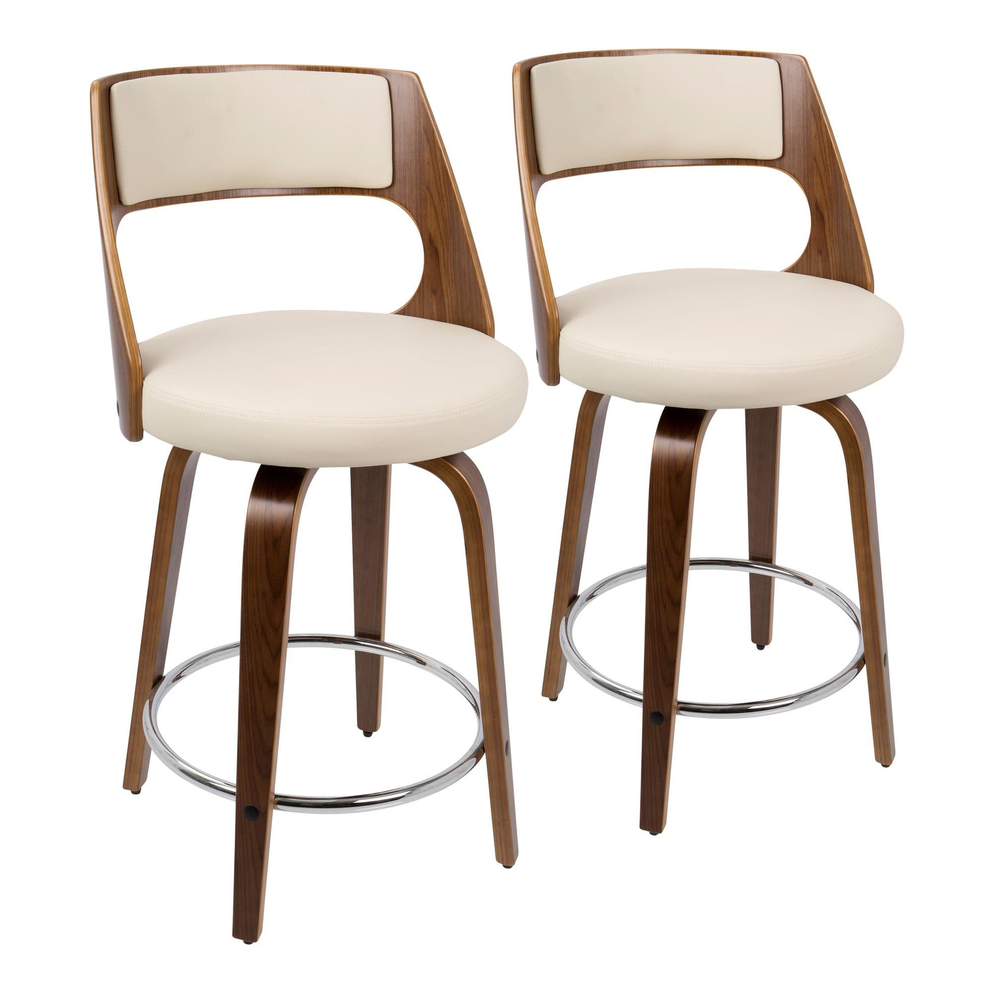 Cecina Cream Faux Leather Walnut Swivel Counter Stools, Set of 2