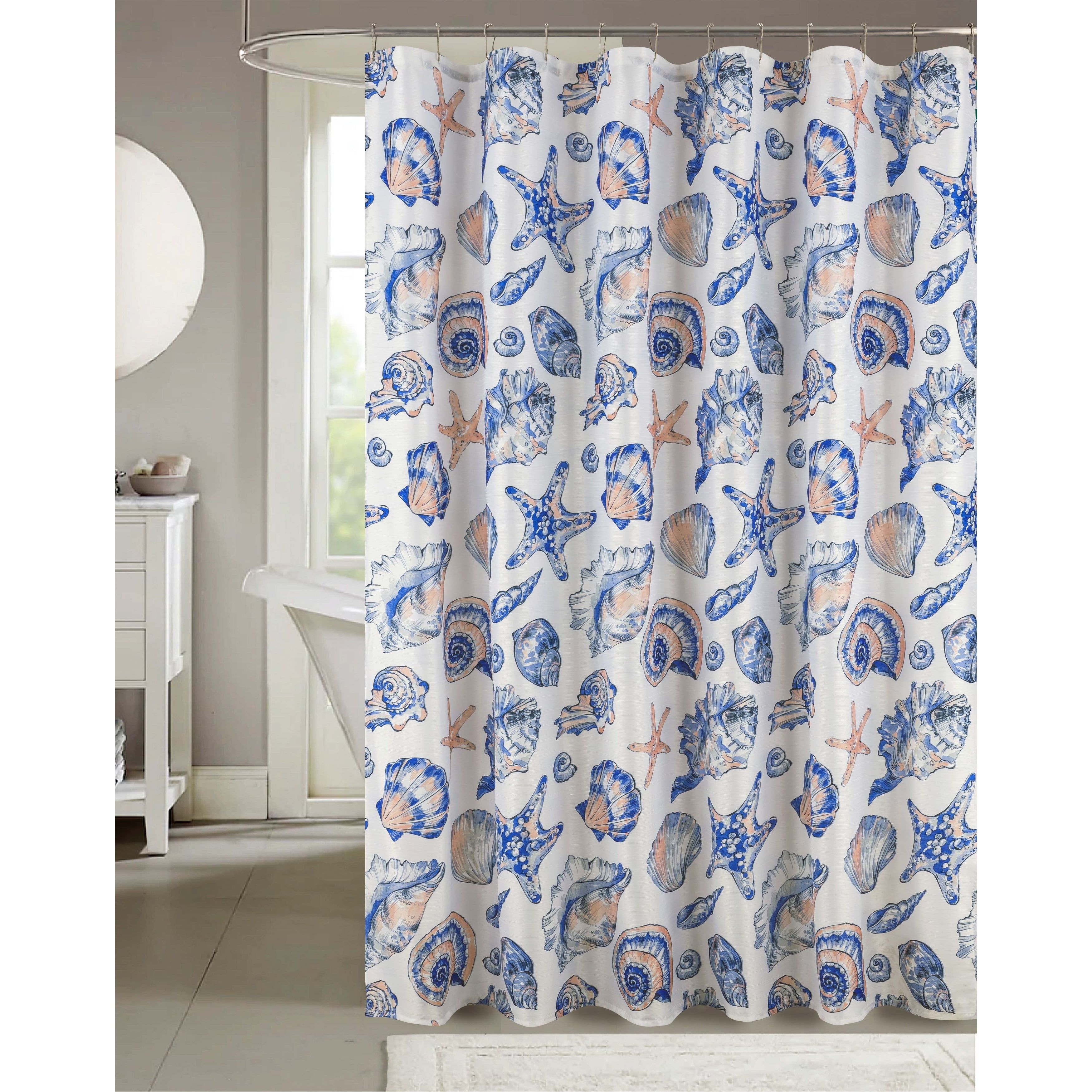 Sunshell Coastal Blue and White Fabric Shower Curtain