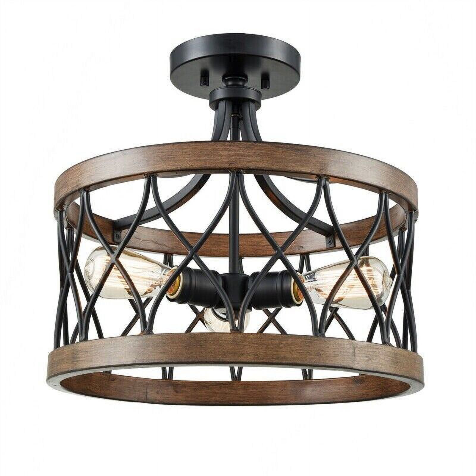 Walnut Black Art Deco Drum Flush Mount Ceiling Light