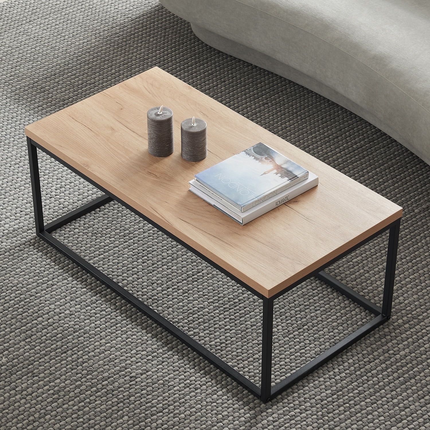 Natural Oak and Black Metal Rectangular Coffee Table