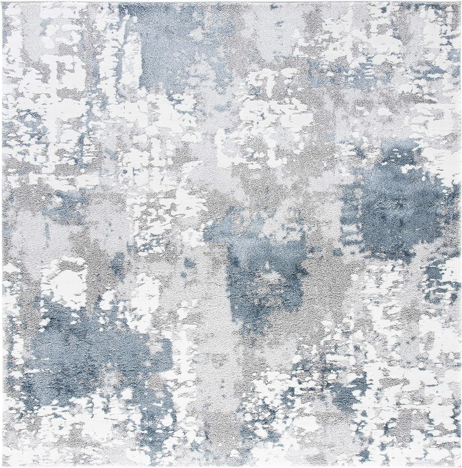 Modern Abstract Square Gray and Blue Synthetic Area Rug, 8'