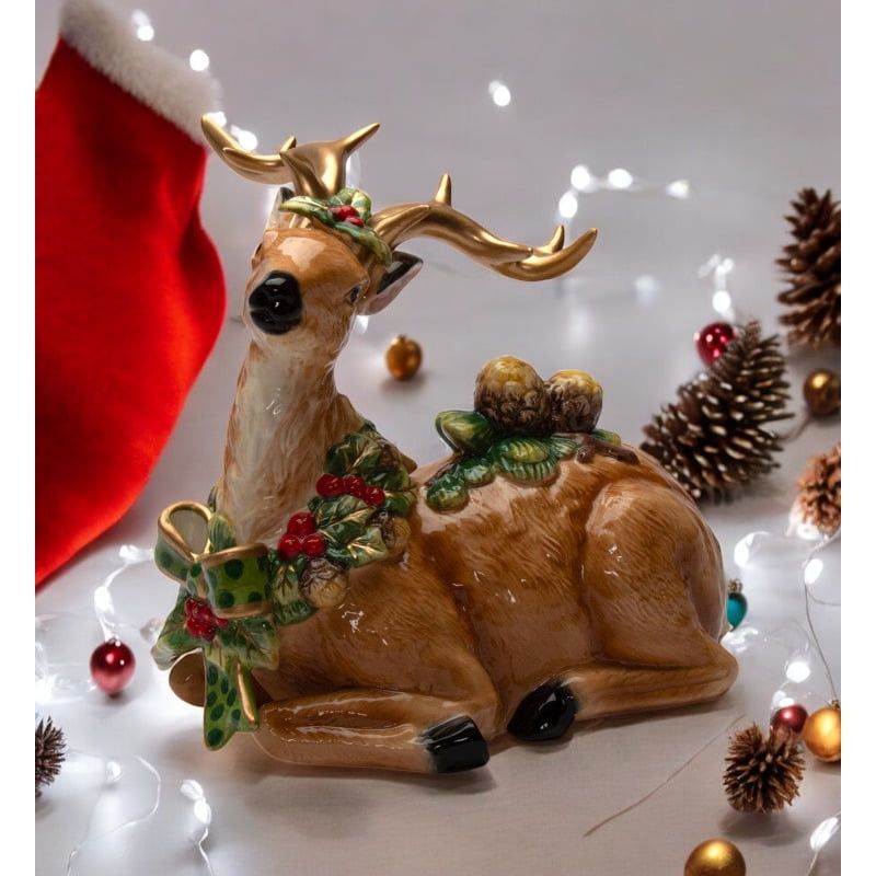 Holiday Ceramic Reindeer Figurine with Pine Cone Accents