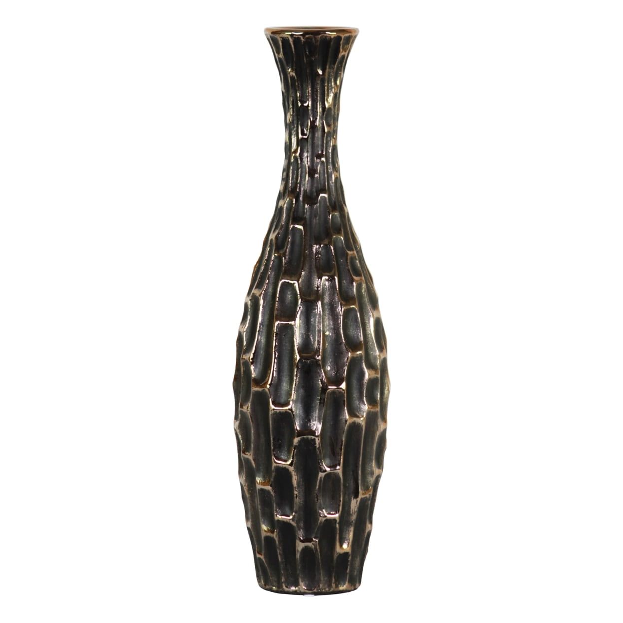 Large Black Distressed Ceramic Embossed Vase with Long Neck