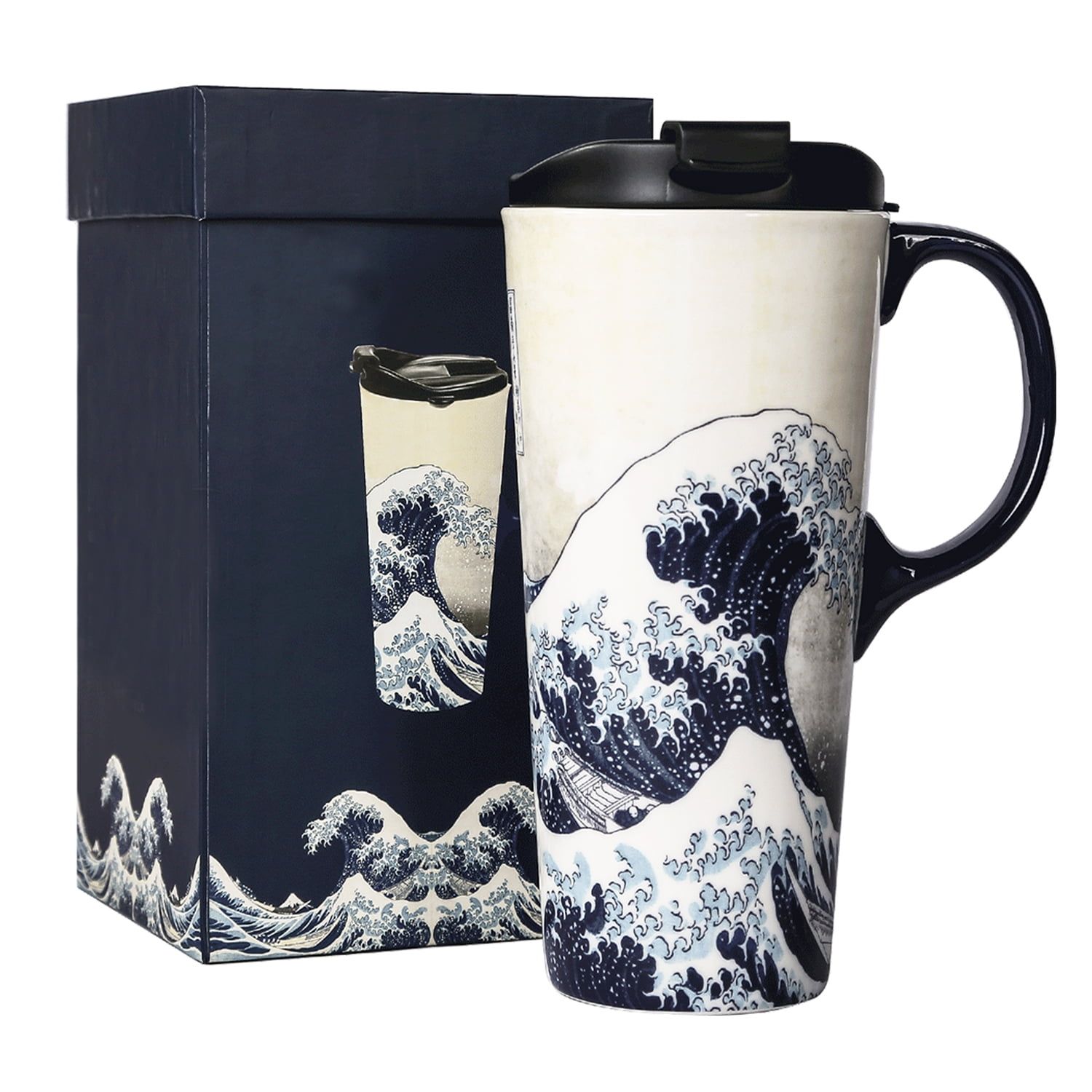 Ceramic Travel Mug with Wave Design and Lid, 17 Oz