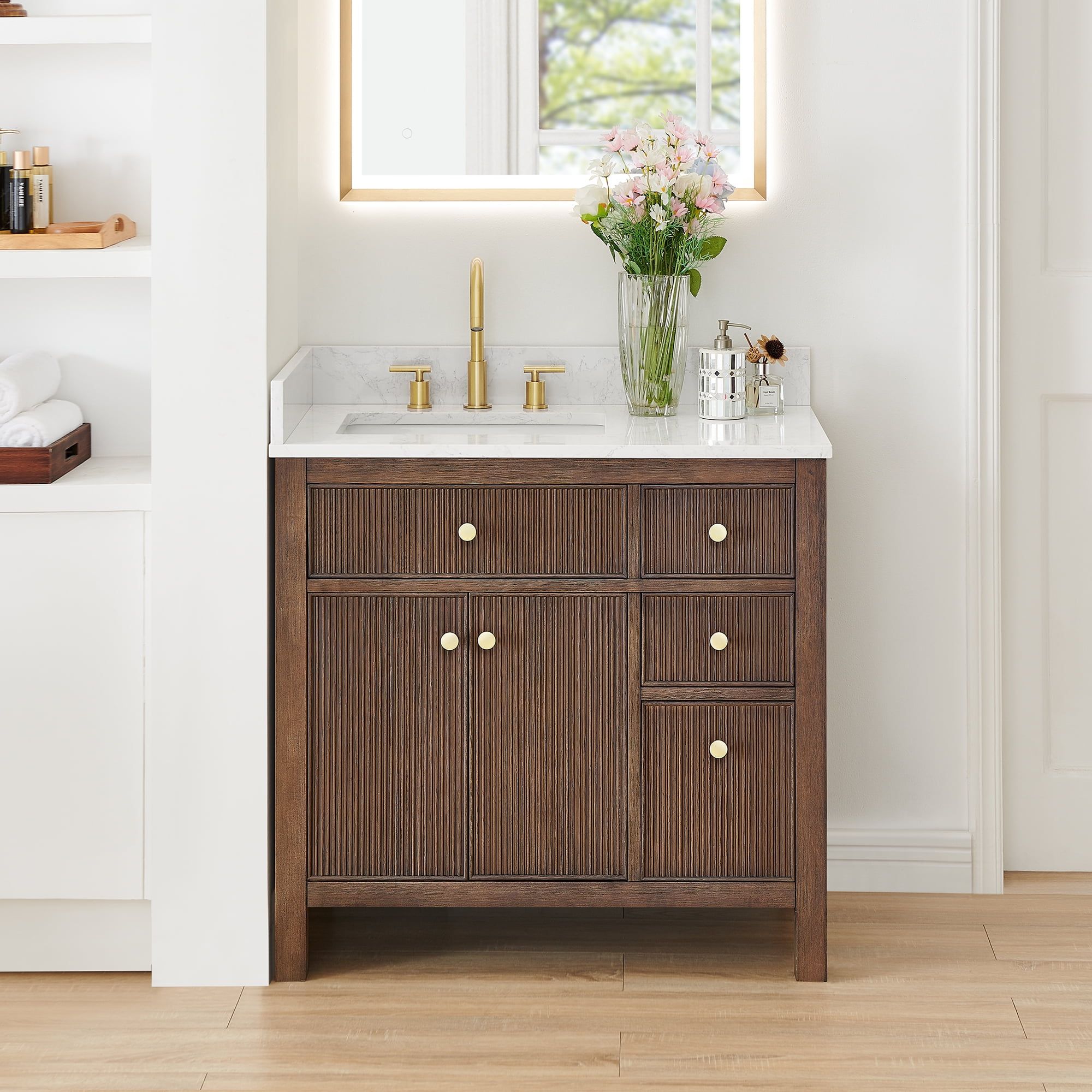 Cerrito 36" Brown Brushed Oak Vanity with White Stone Top