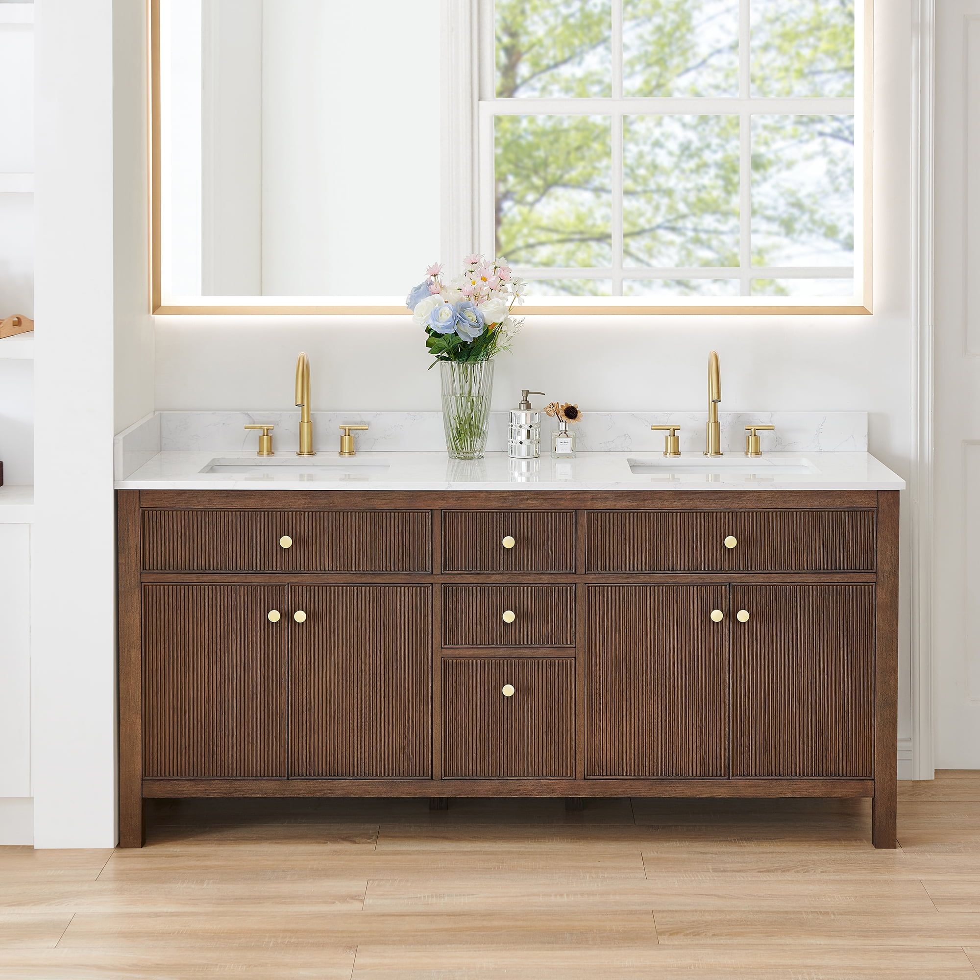 Cerrito 72" Brown Oak Double Sink Vanity with White Stone Top