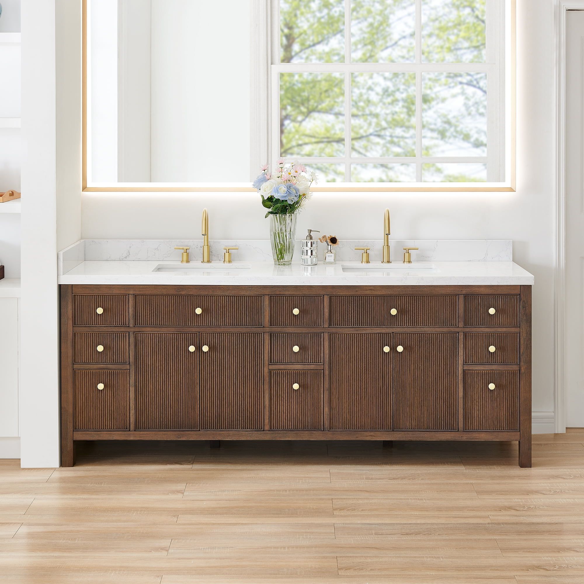 Cerrito 84" Brown Oak Double Vanity with White Stone Top