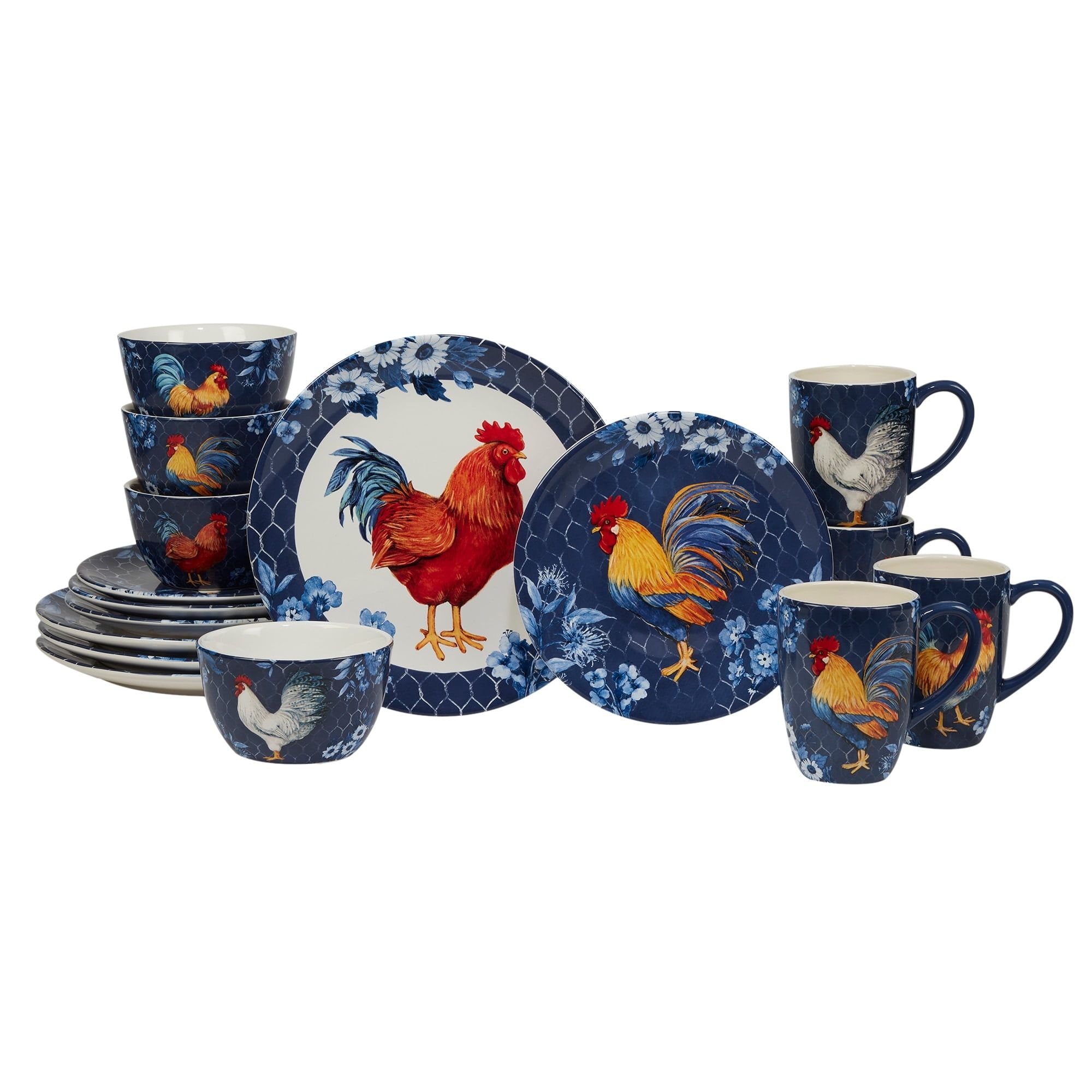 Indigo Rooster Ceramic 16-Piece Dinnerware Set, Service for 4