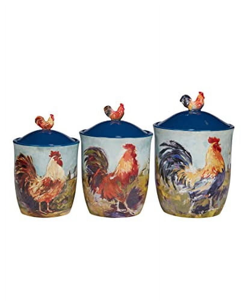 Blue Ceramic Rooster Meadow 3-Piece Canister Set