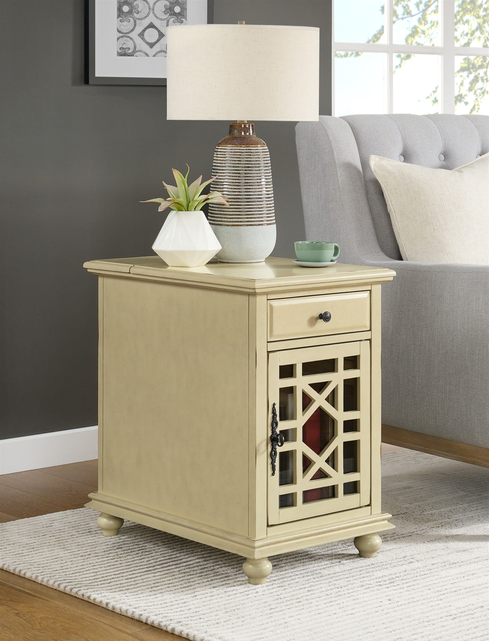 Antique White Elegant Chairside Table with Power Outlets and USB Ports