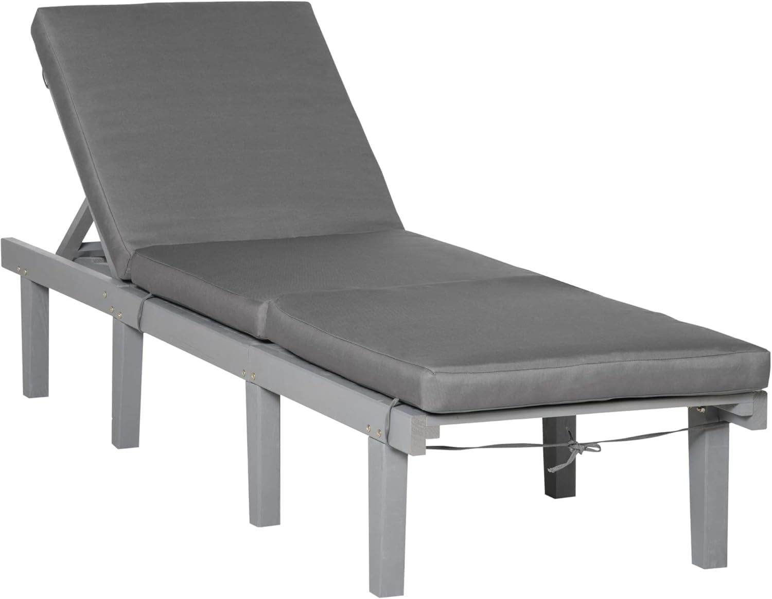 Gray Wood Outdoor Chaise Lounge with Adjustable Backrest and Cushions