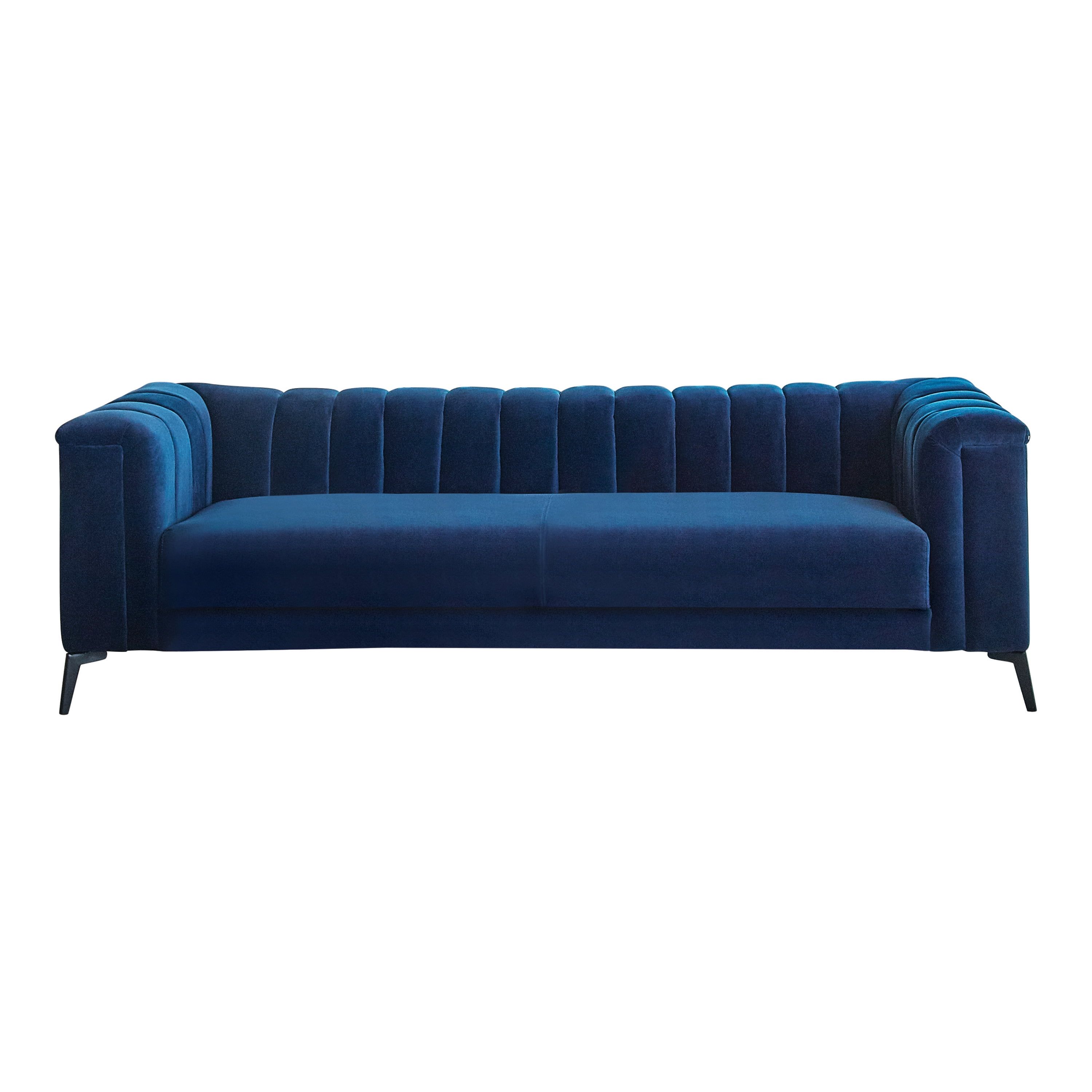 Navy Blue Velvet Tuxedo Arm Stationary Sofa with Black Metal Legs