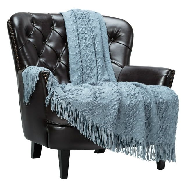 Light Blue Knitted Acrylic Throw Blanket with Tassels, 50" x 65"