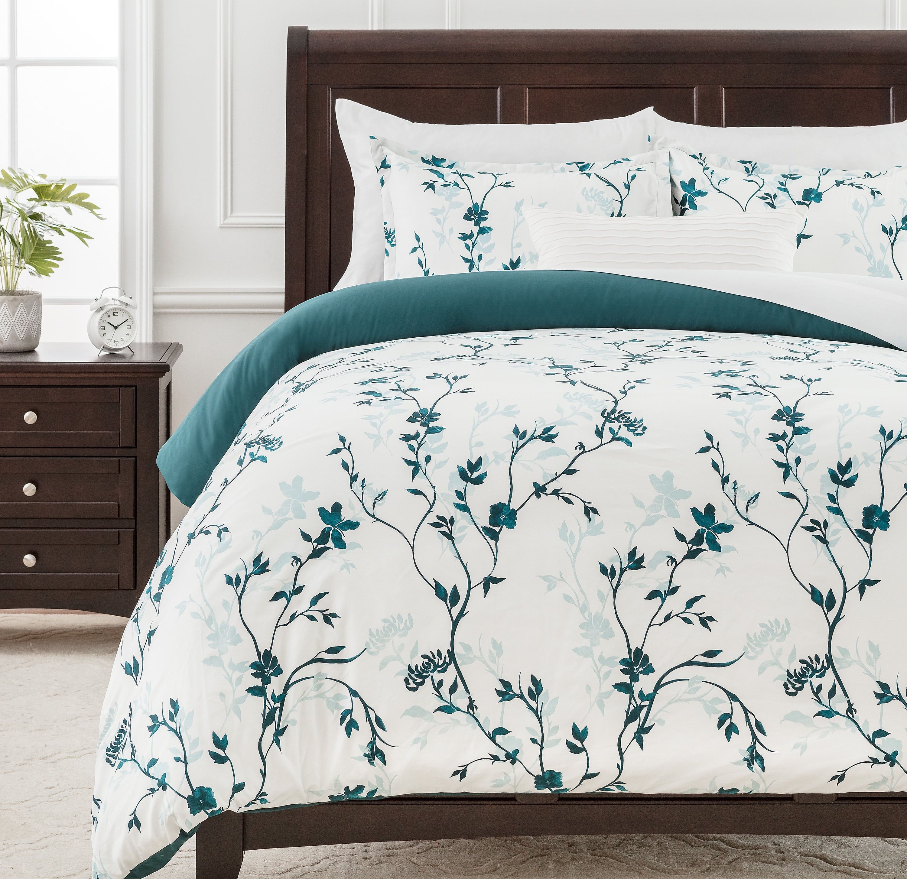 Teal Floral Print King Microfiber 3-Piece Duvet Cover Set