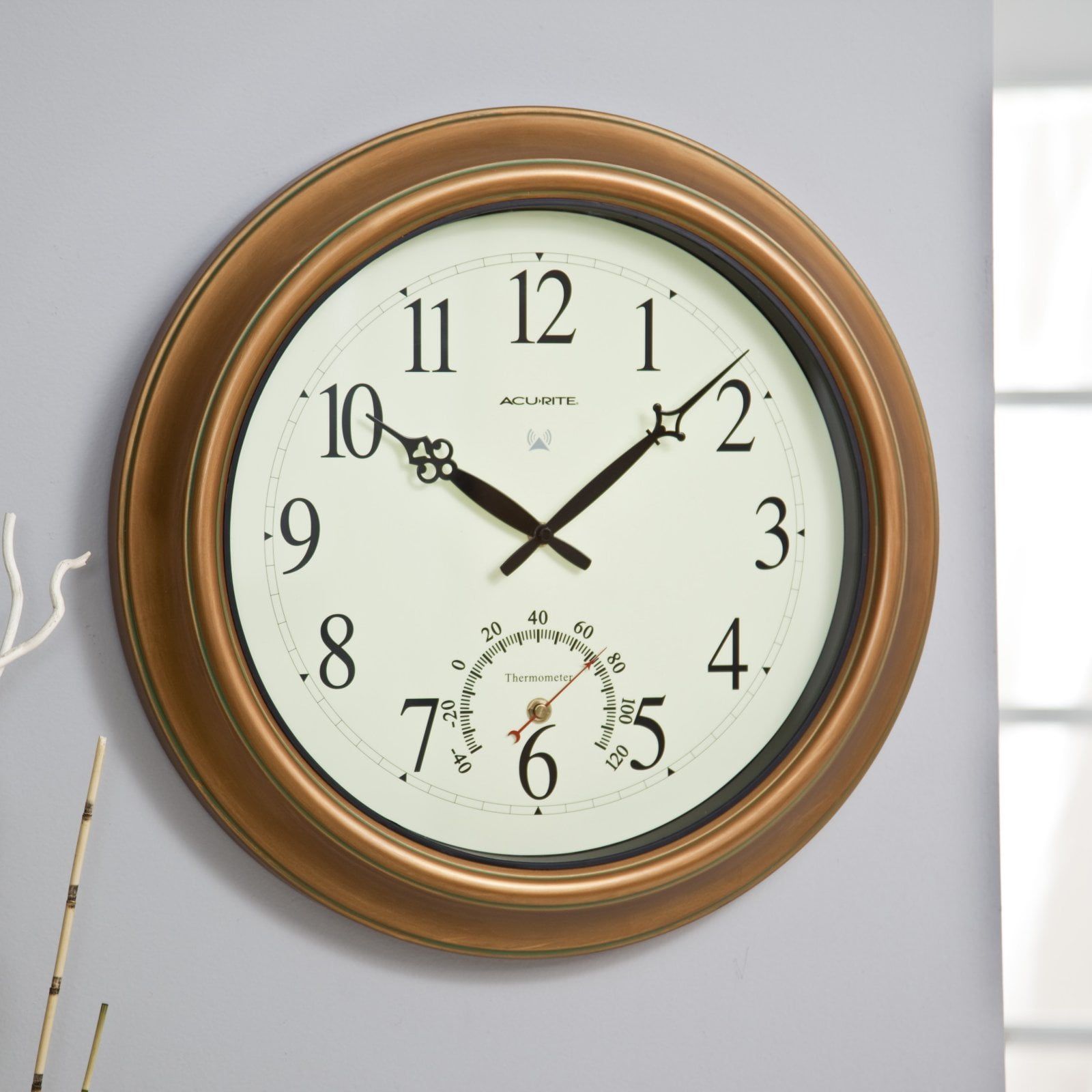 Oversized Copper Analog Wall Clock with Thermometer