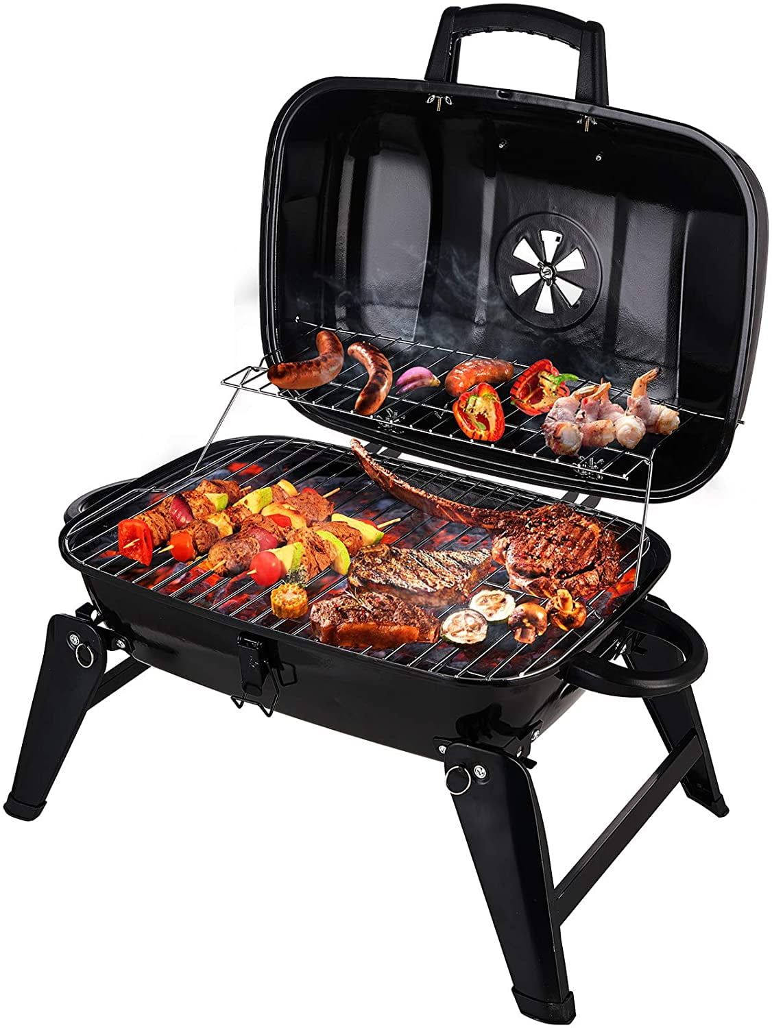 Portable 18-Inch Black Charcoal Tabletop Grill with Smoker