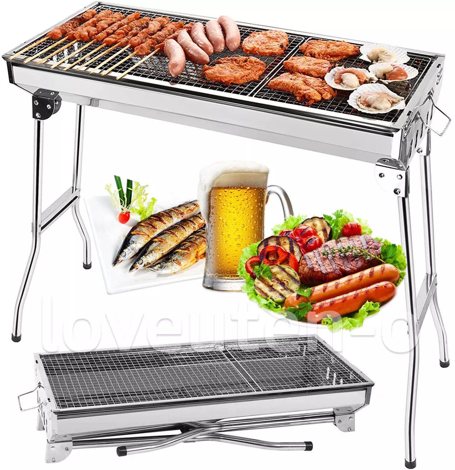 Stainless Steel Foldable Charcoal BBQ Grill with Smoker