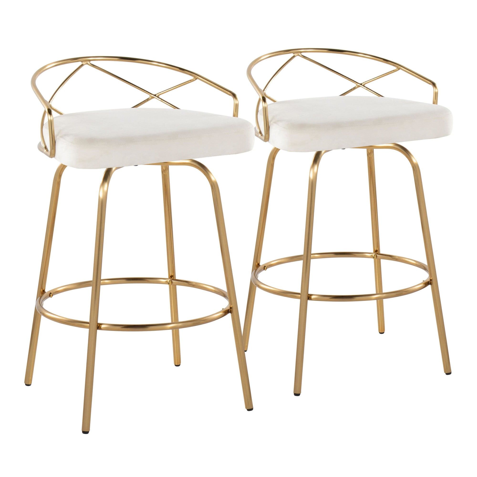 Charlotte 26" White Velvet and Gold Metal Swivel Counter Stool Set