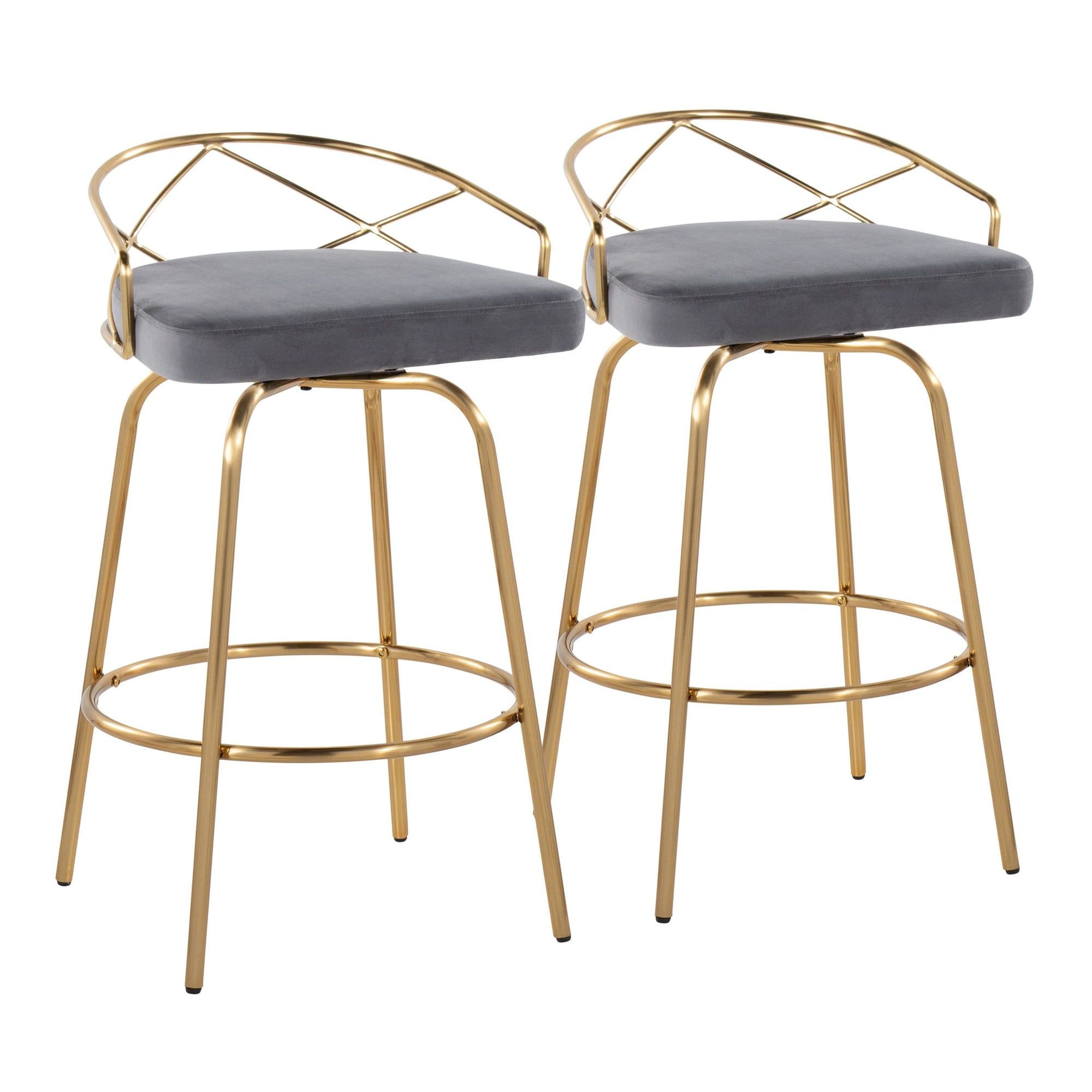 Charlotte 26" Gray Velvet and Gold Metal Swivel Counter Stools, Set of 2