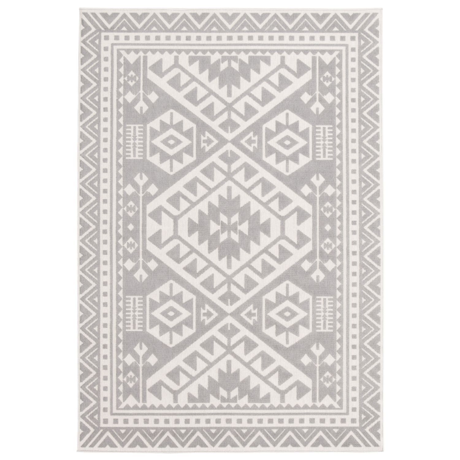 Geometric Gray and Cream 4.5' x 6.5' Synthetic Outdoor Rug