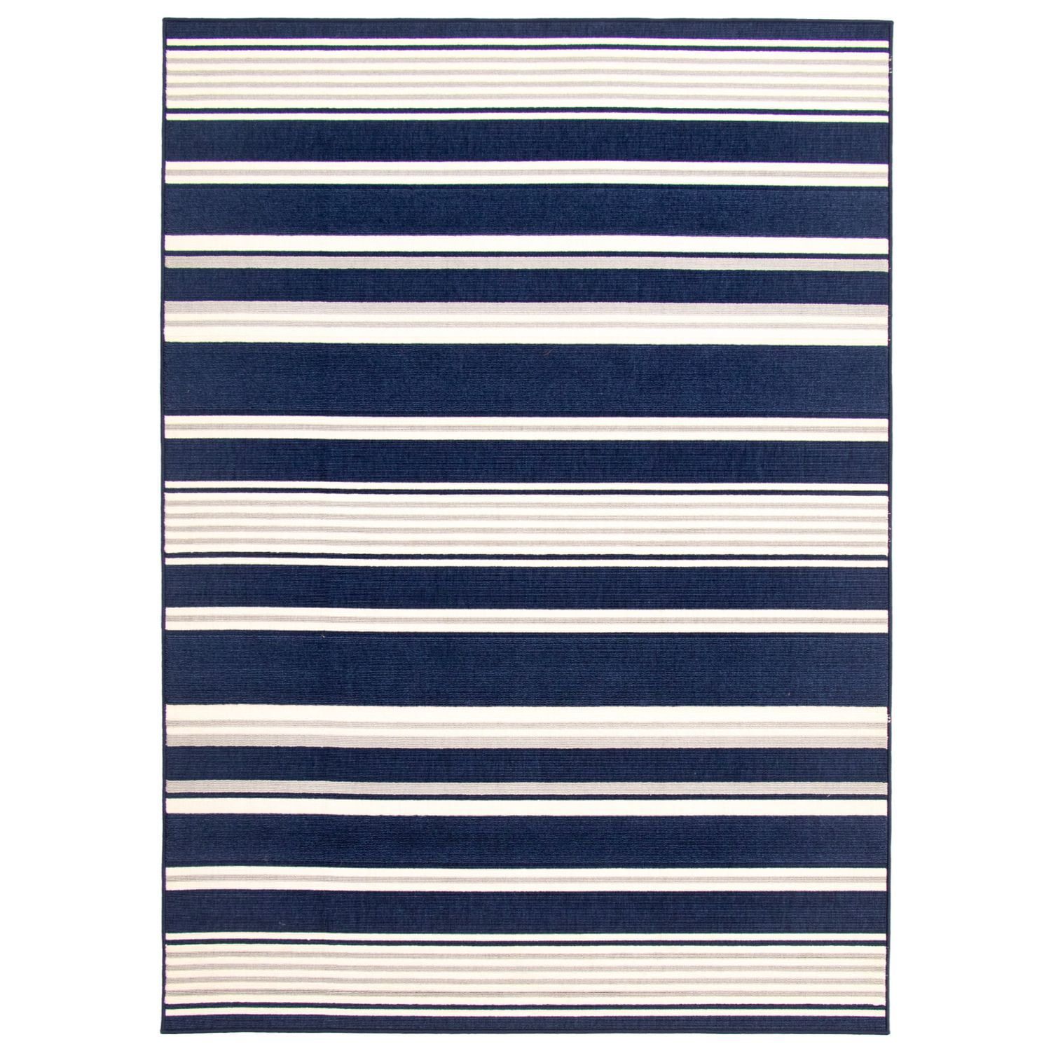 Navy Blue and White Striped Synthetic Outdoor Area Rug 4.5' x 6.5'