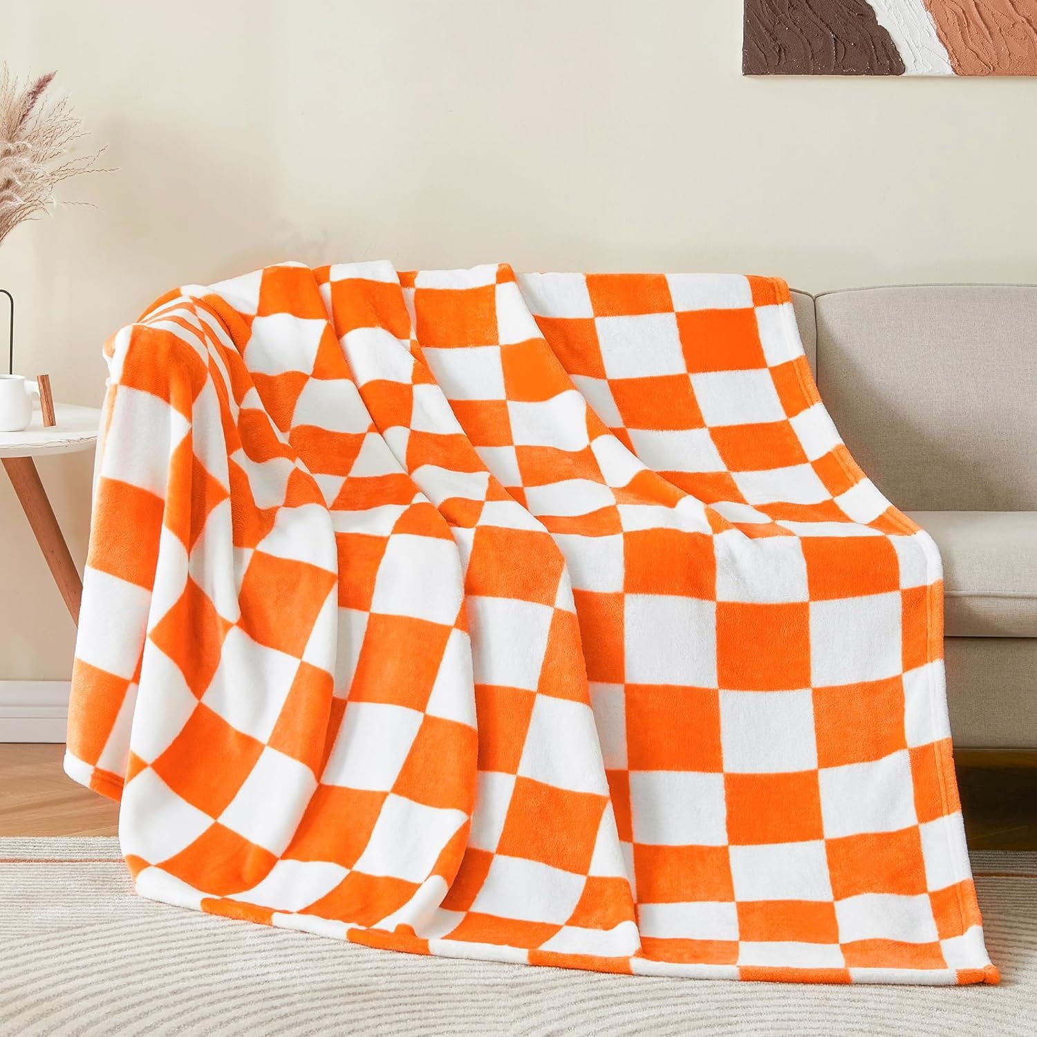 Orange and White Checkered Fleece Throw Blanket, 50"x60"