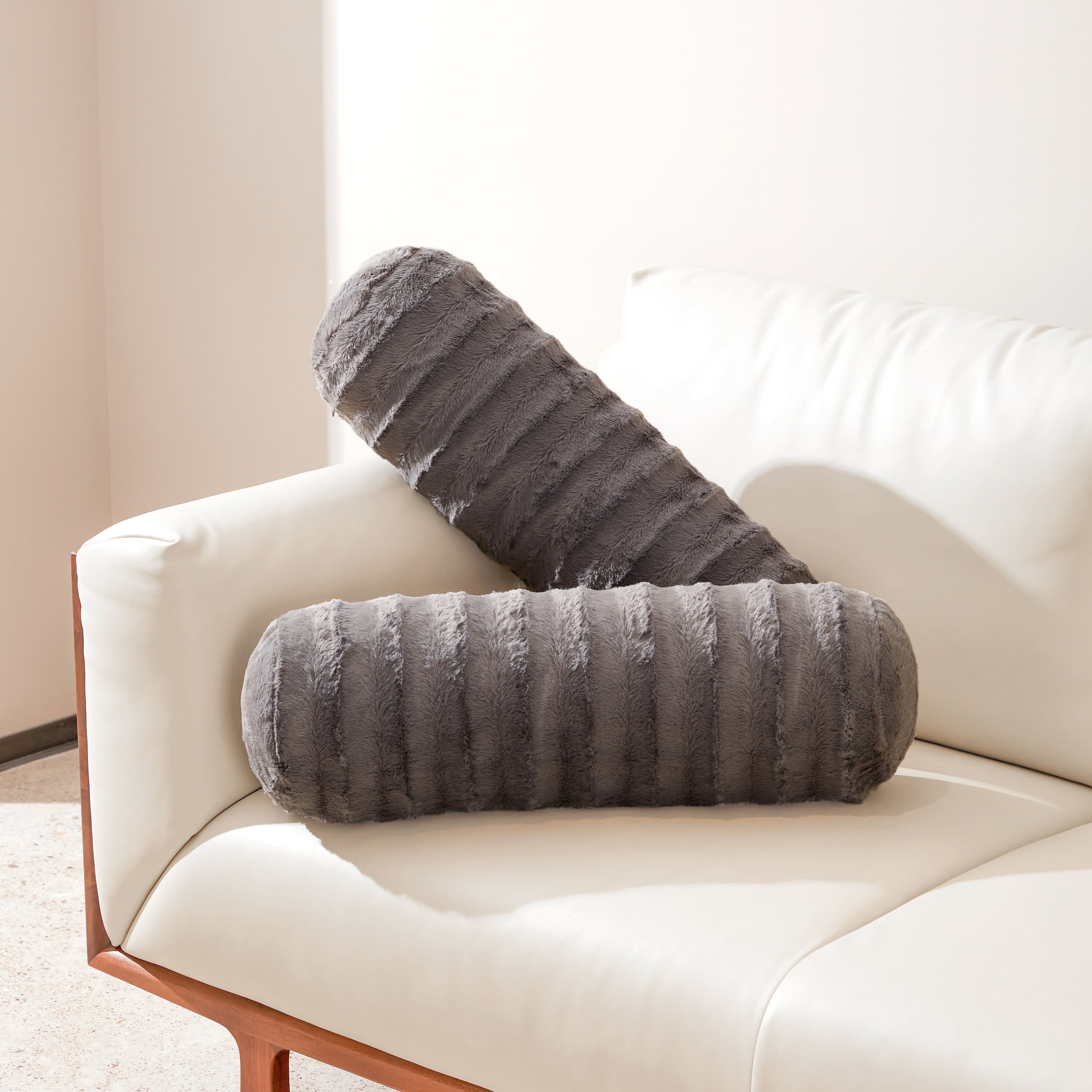 Gray Faux Fur Cylinder Bolster Pillow Set