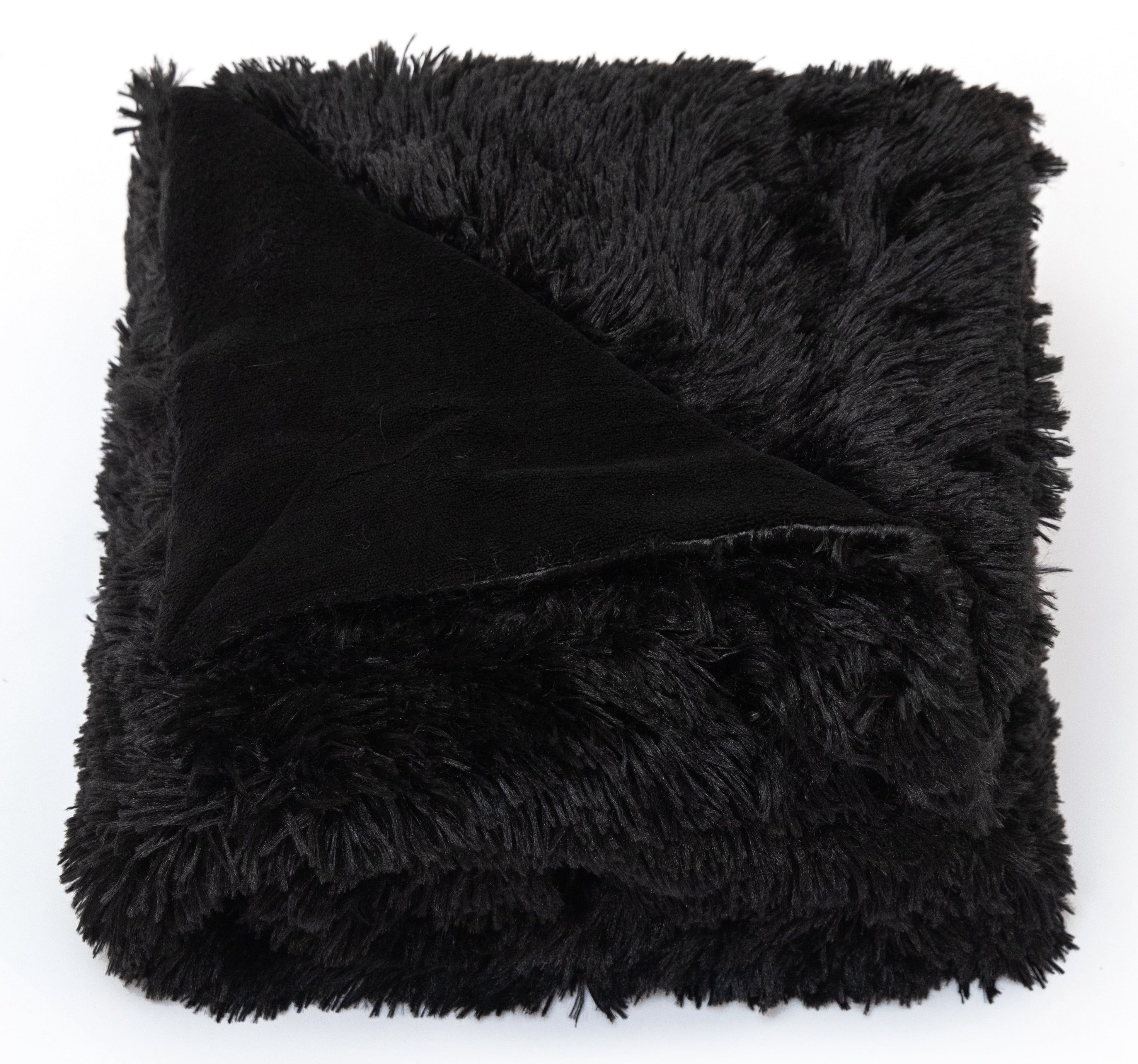 Black Reversible Shaggy Faux Fur and Fleece Throw Blanket