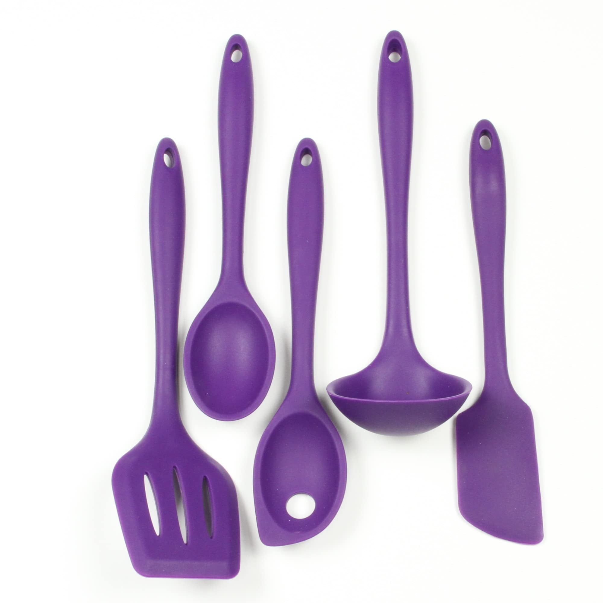 Premium Purple Silicone Kitchen Utensil Set with Stainless Steel Core, 5 Piece