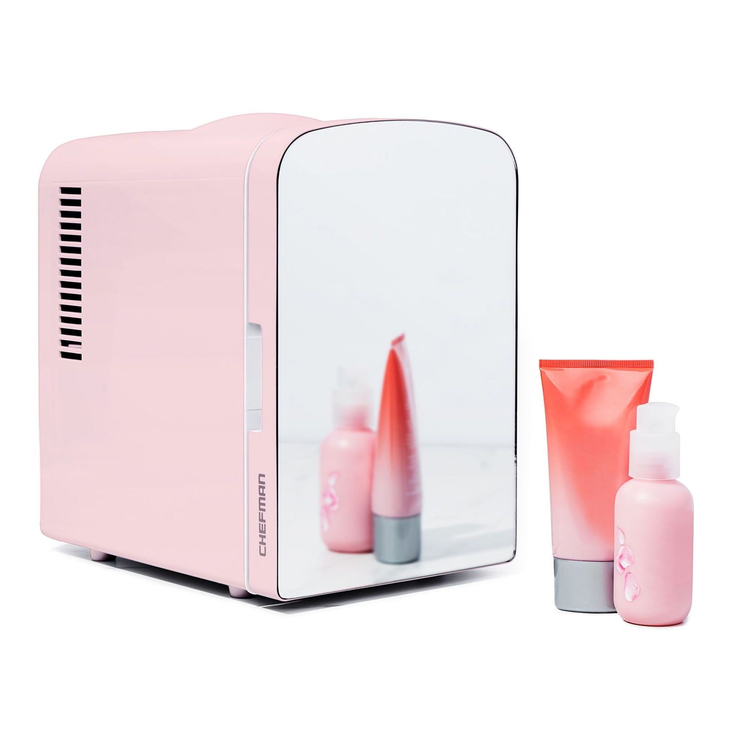 Compact Pink Mirrored Mini Fridge with LED Lighting