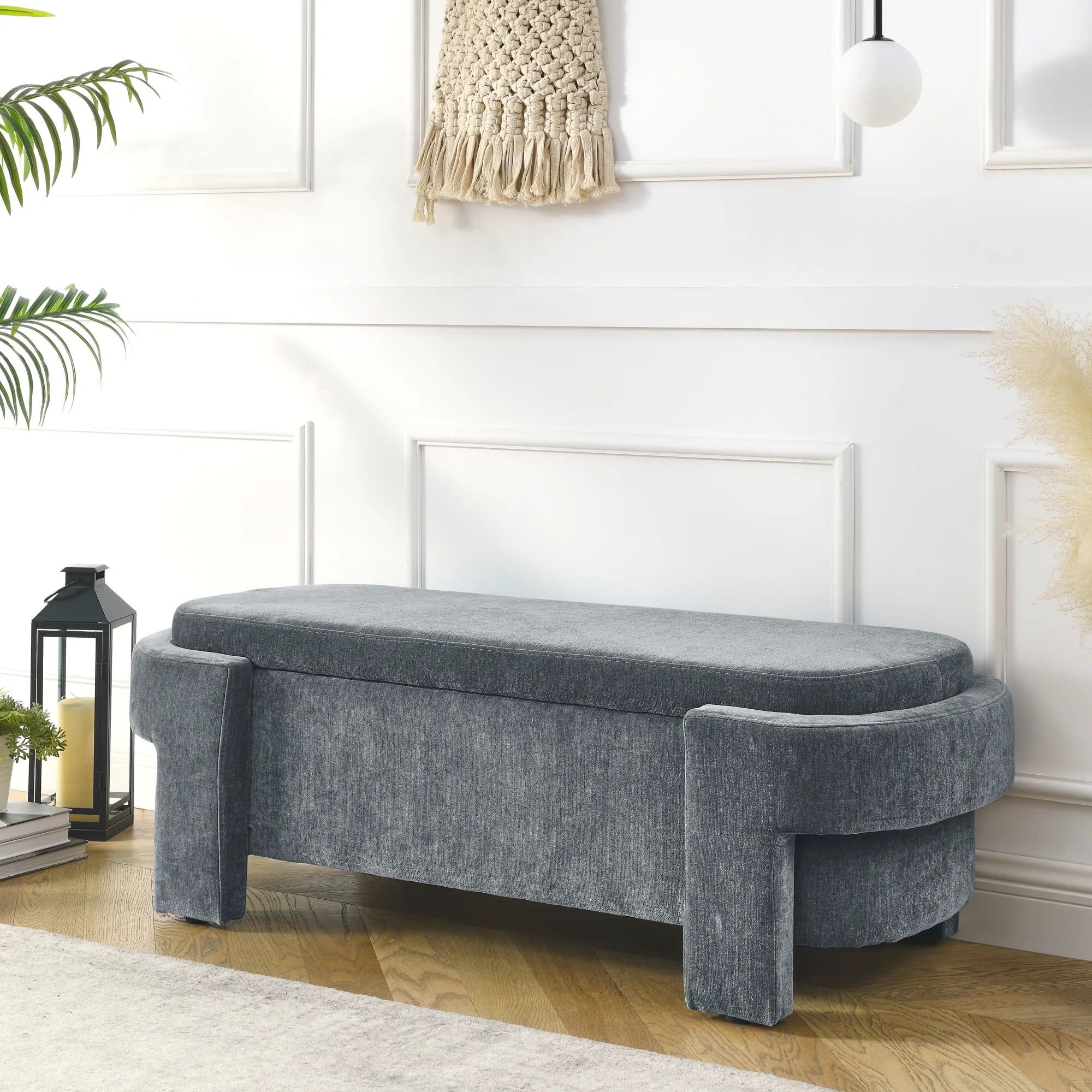 Grey Chenille Upholstered Storage Bench with Foam Padding