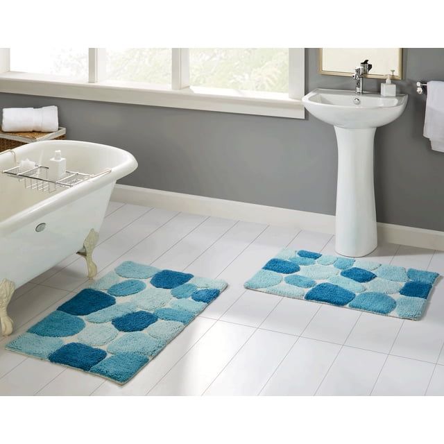 Arctic Blue Cotton Pebble Pattern Bath Rug Set