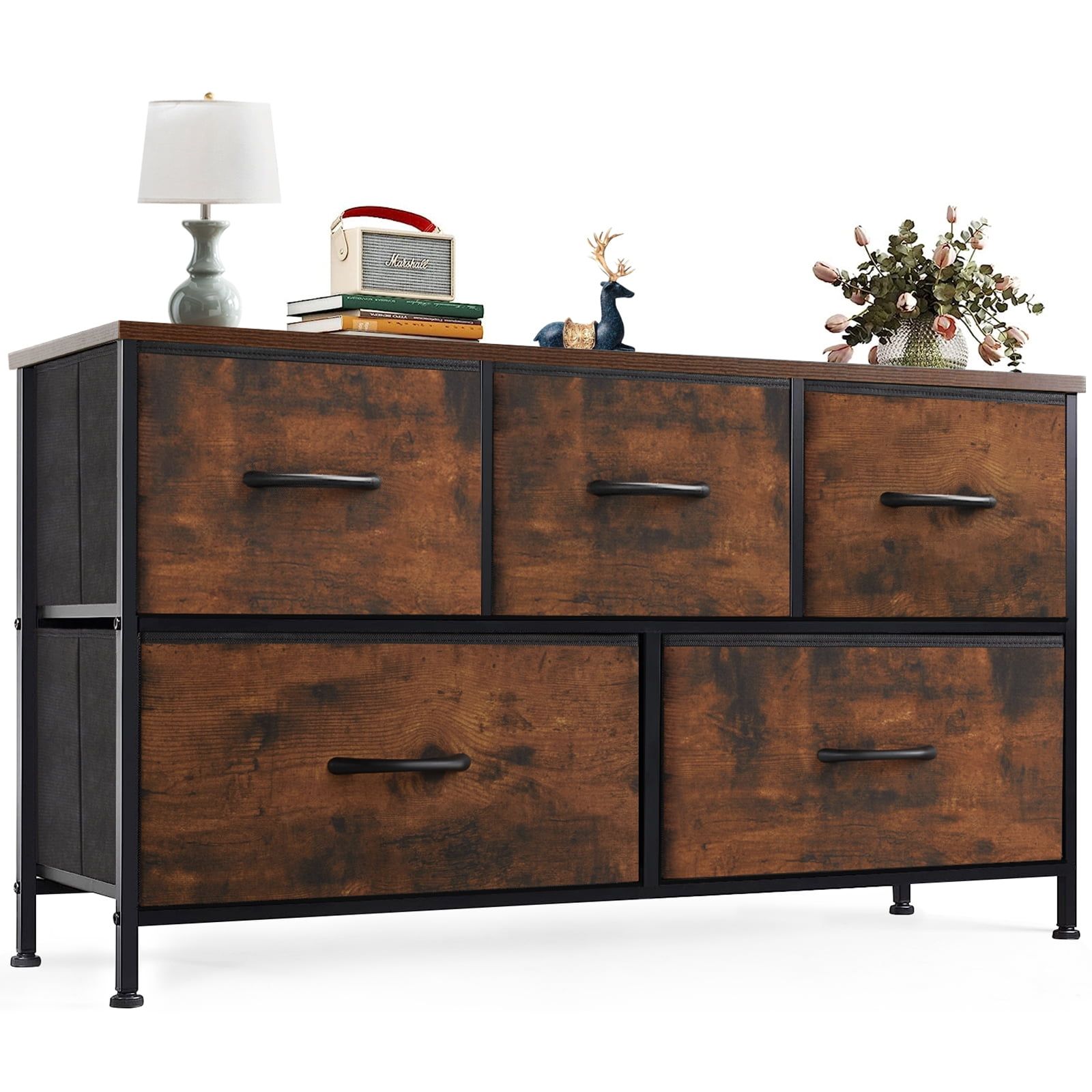 Rustic Brown 5-Drawer Fabric Storage Dresser with Wood Top