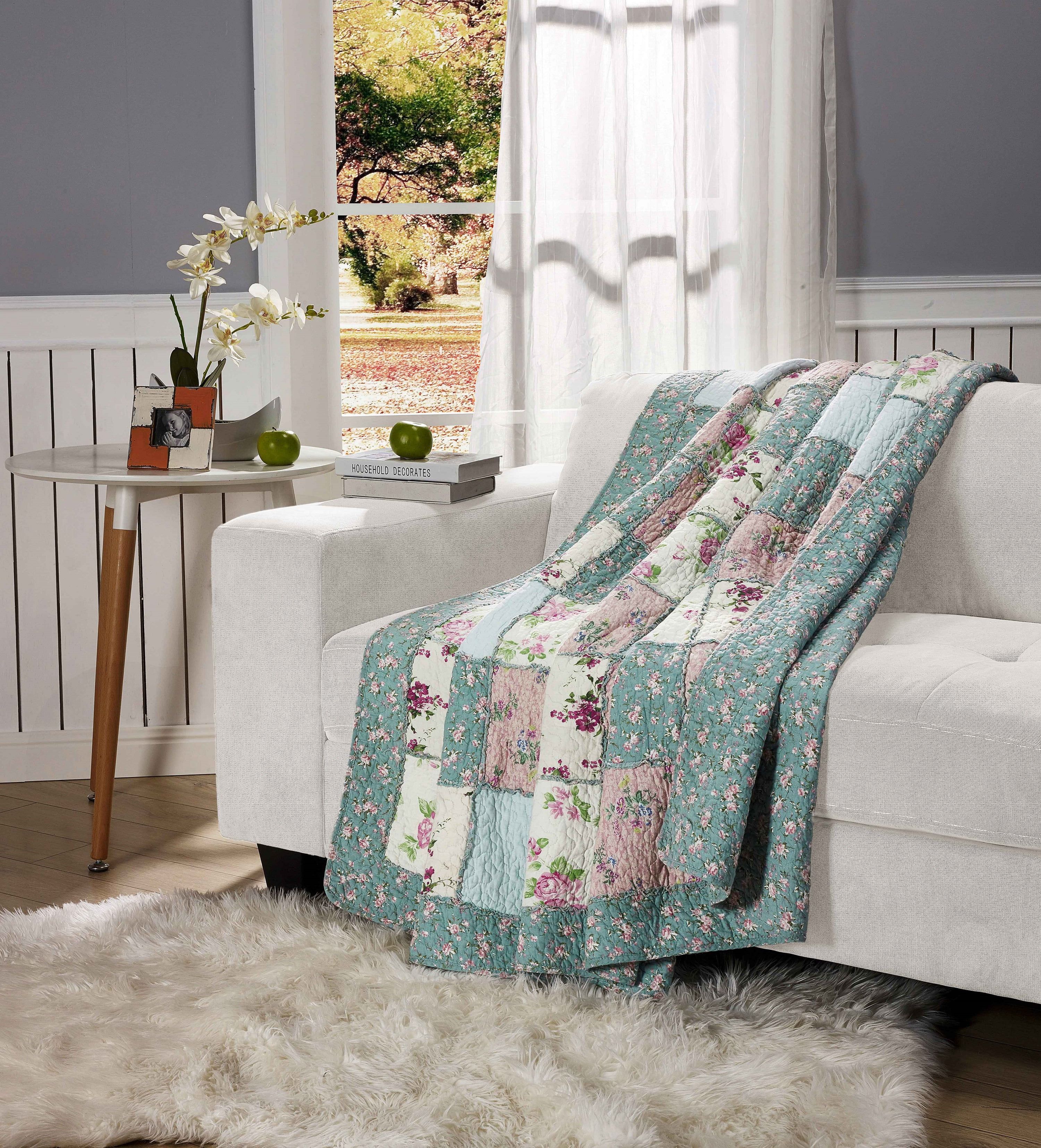 Floral Patchwork Blue and Pink Cotton Throw Blanket