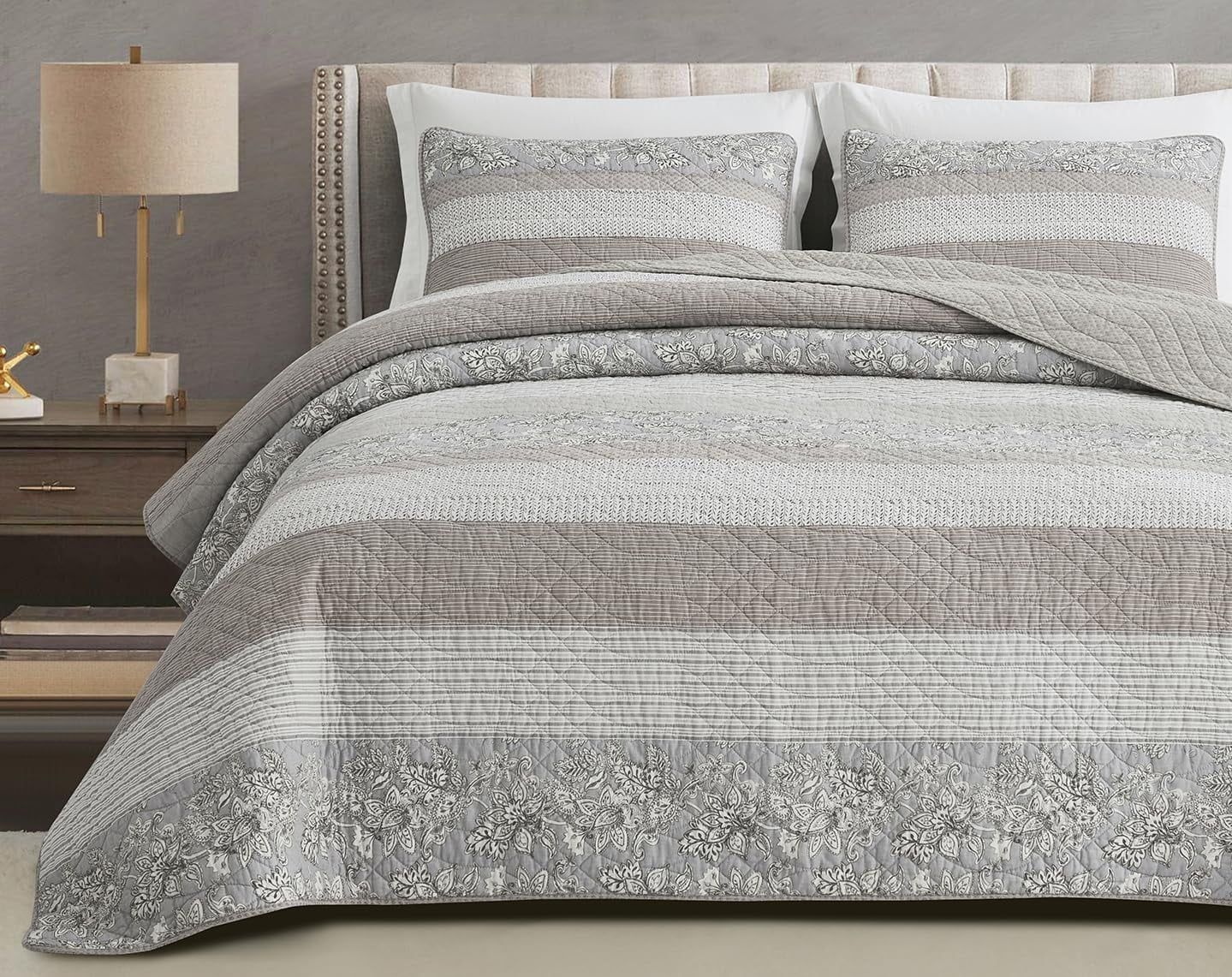 Gray Cotton Reversible Queen Patchwork Quilt Set