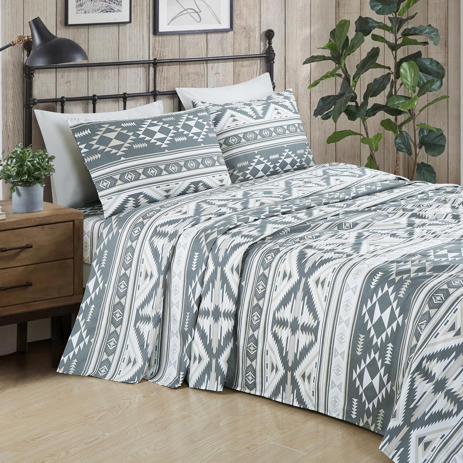 King Gray White Light Brown Geometric Microfiber Deep Pocket Sheet Set