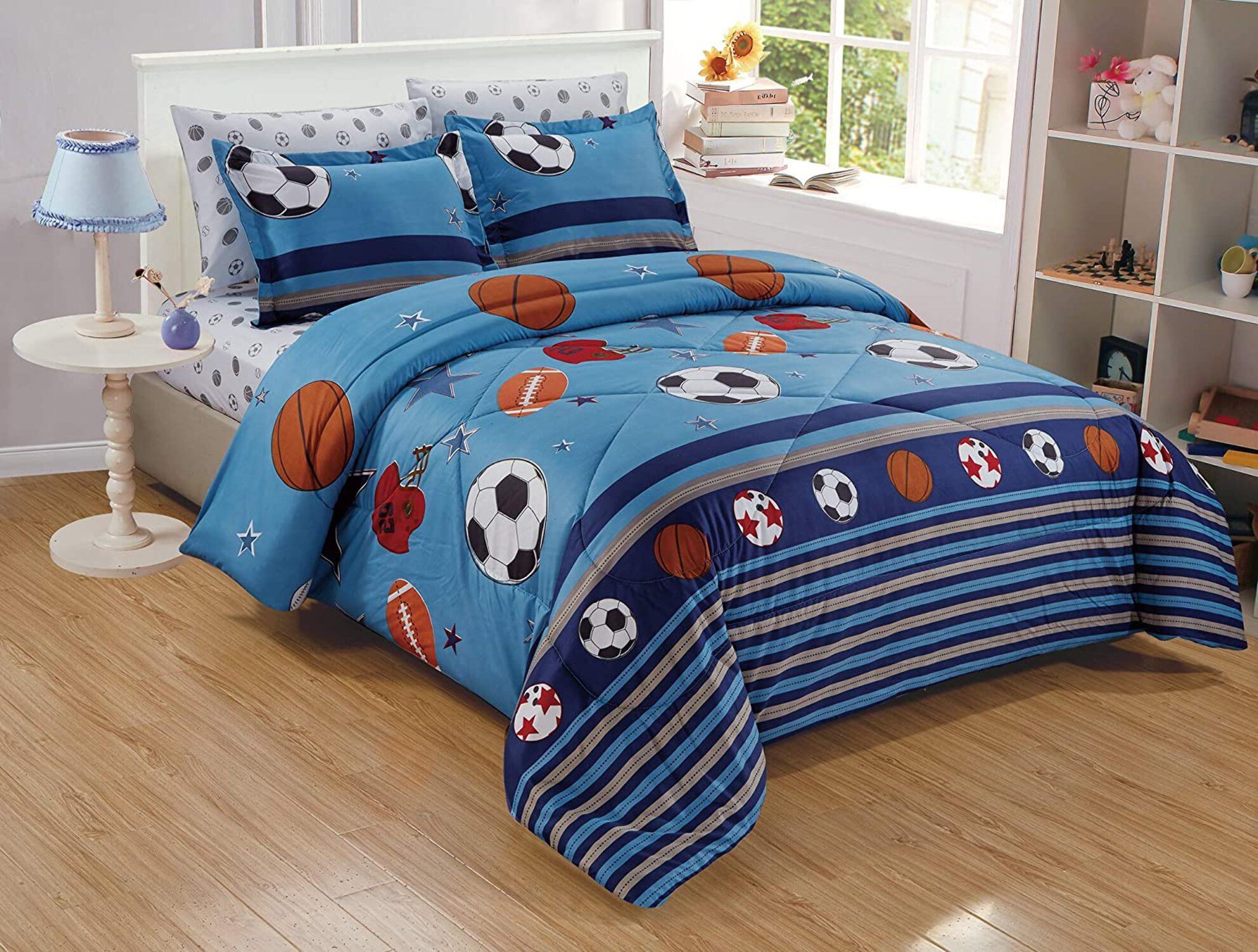 Full Blue Microfiber Sports Pattern Kids Comforter Set