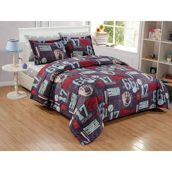 Gray and Red Microfiber Baseball Queen Bed in a Bag Set