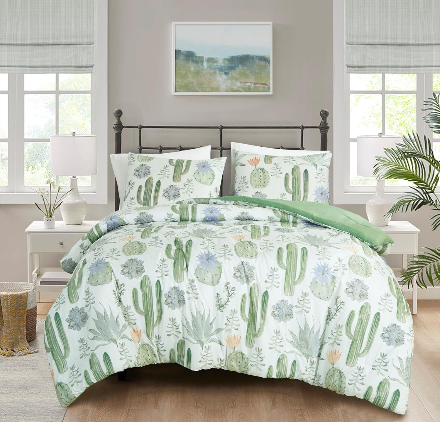 Full White Microfiber Cactus Succulent Comforter Set