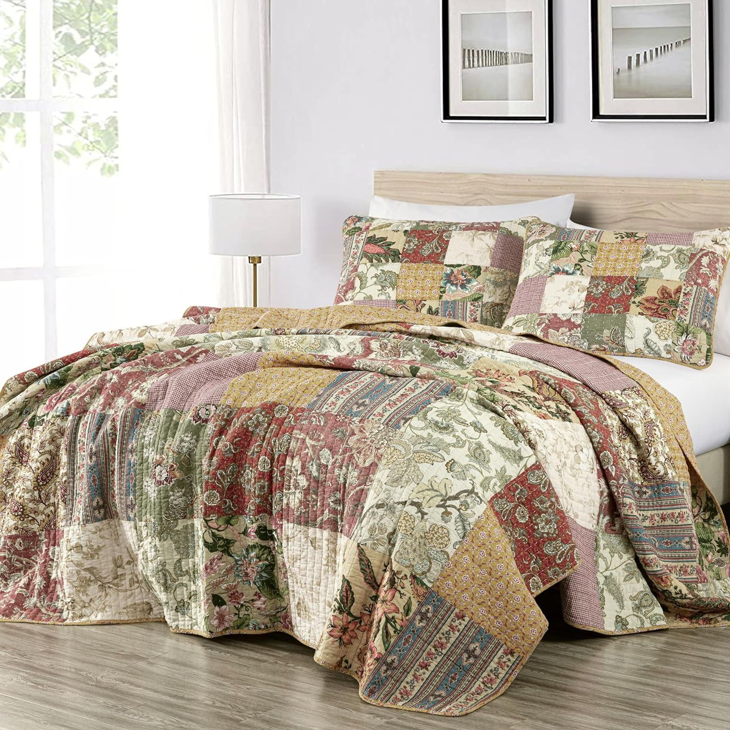 Chezmoi Collection Delaney 3-Piece Floral Patchwork Vintage Washed 100% Cotton Quilt Set, Twin