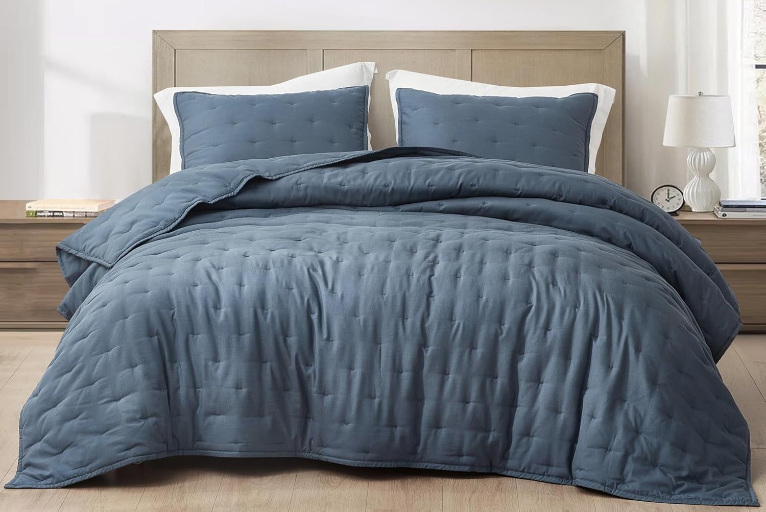 Oversized King Steel Blue Bamboo Blend Reversible Quilt Set