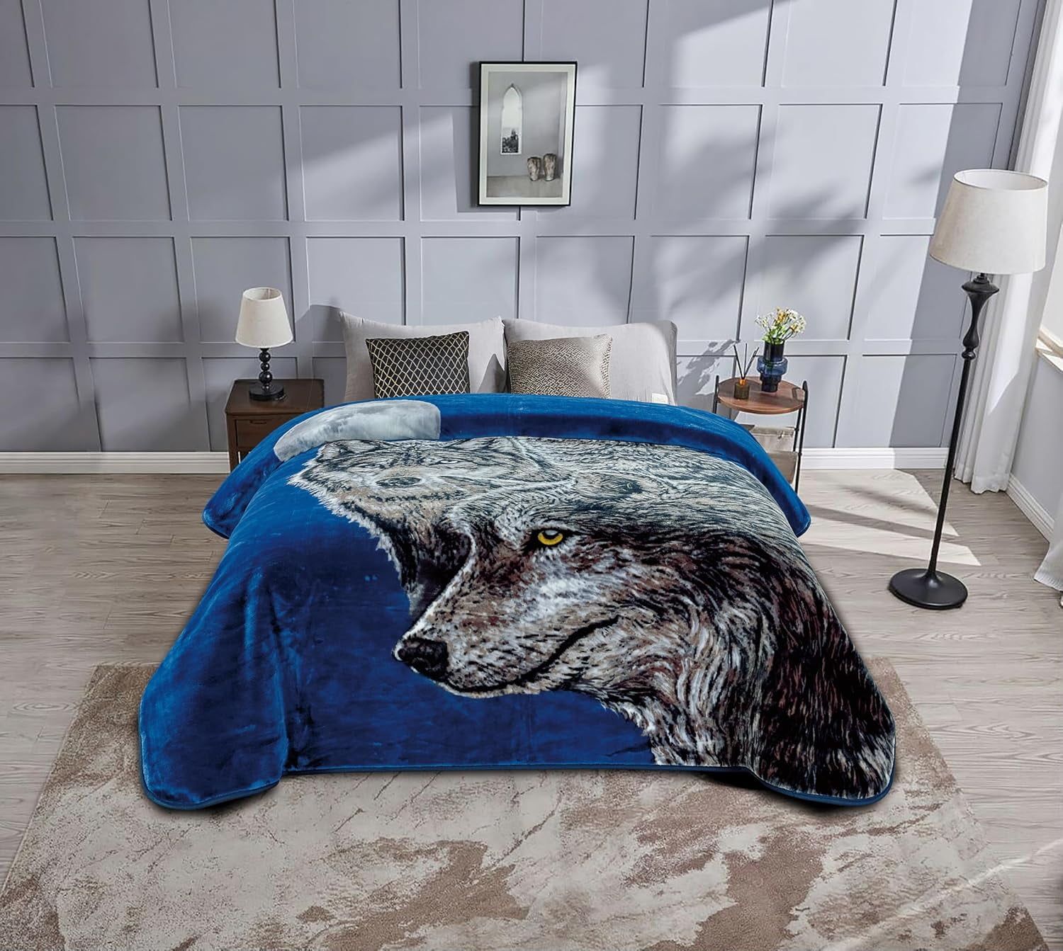 King Size Blue Faux Mink Reversible Wolf Blanket